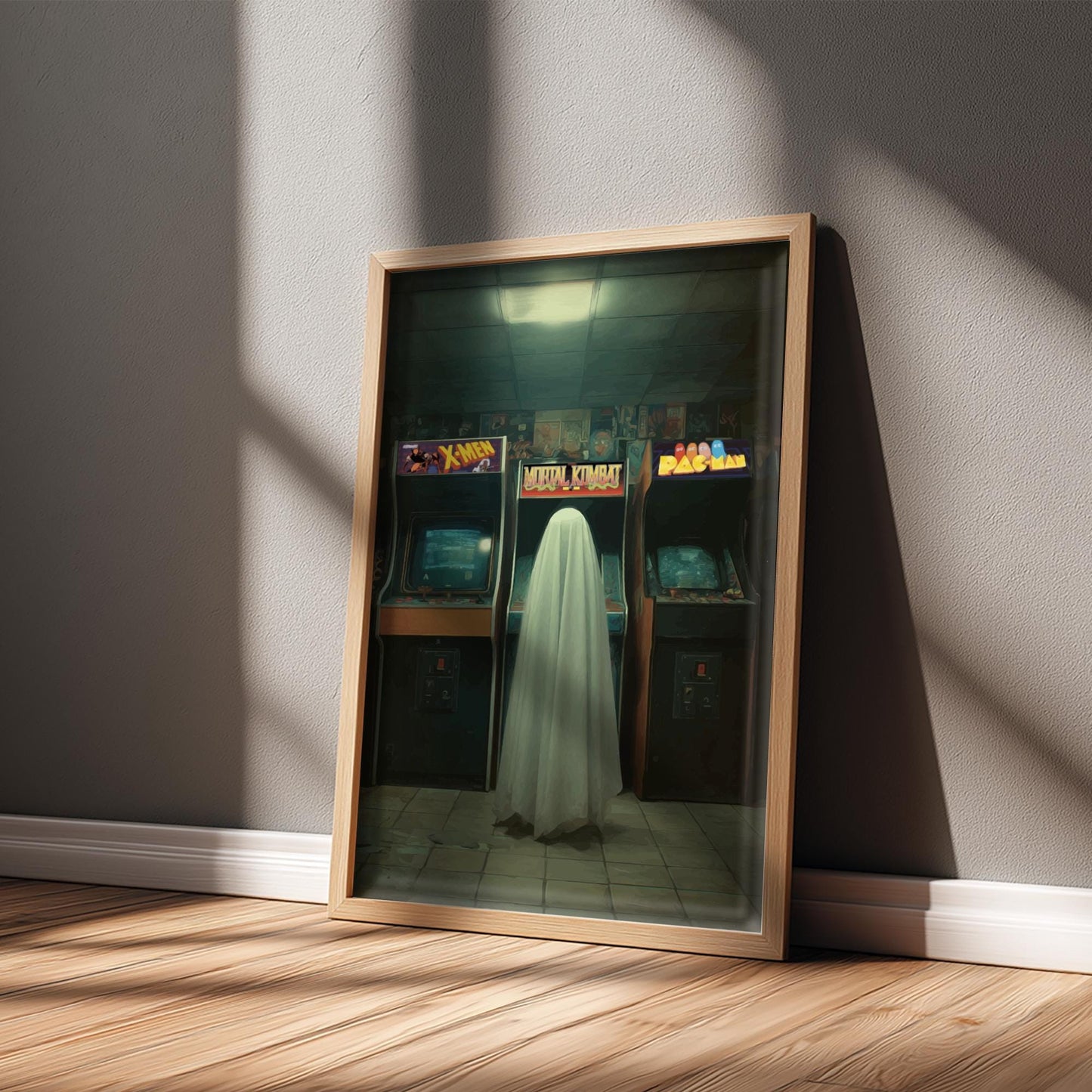 Arcade Ghost Poster – Retro Vaporwave Wall Art, 80s Neon Arcade Print, Surreal Liminal Space Aesthetic Decor