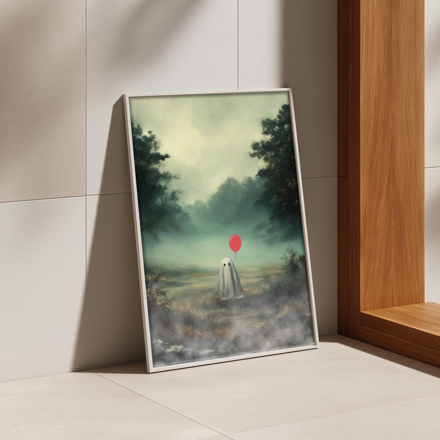 Ghost and Red Balloon Poster - Whisper of the Red Balloon - Foggy Field Wall Art, Surreal Spooky Aesthetic Print
