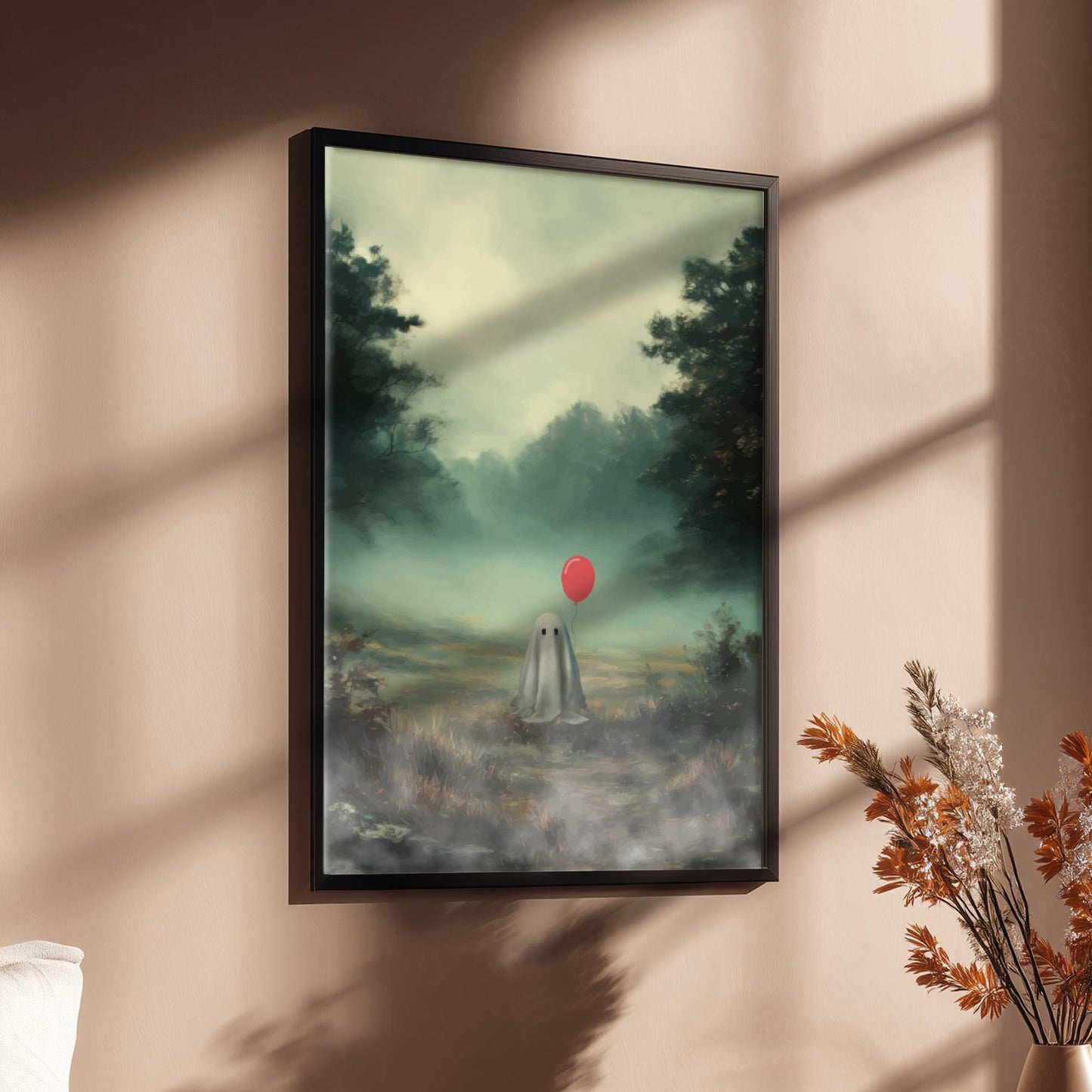 Ghost and Red Balloon Poster - Whisper of the Red Balloon - Foggy Field Wall Art, Surreal Spooky Aesthetic Print