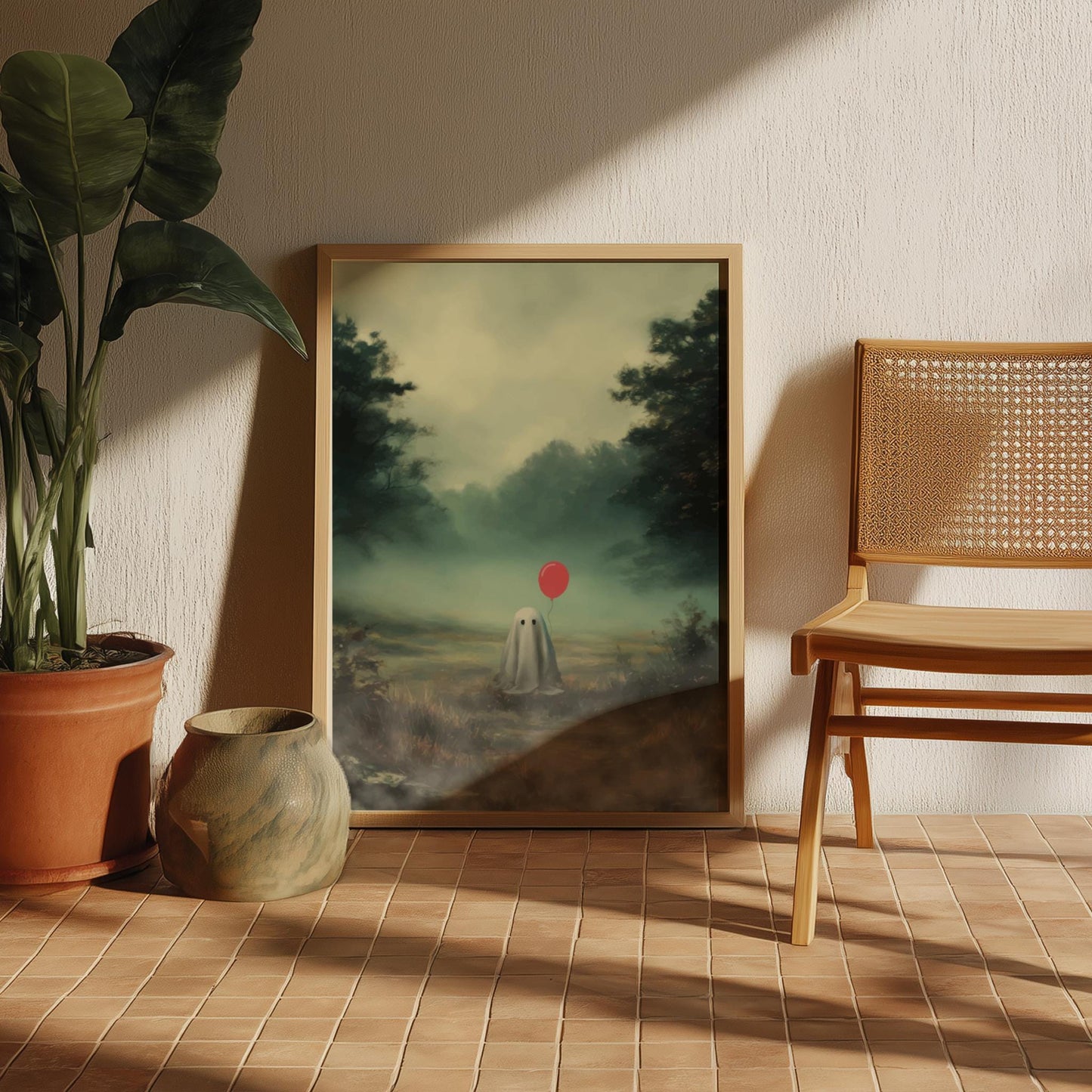 Ghost and Red Balloon Poster - Whisper of the Red Balloon - Foggy Field Wall Art, Surreal Spooky Aesthetic Print