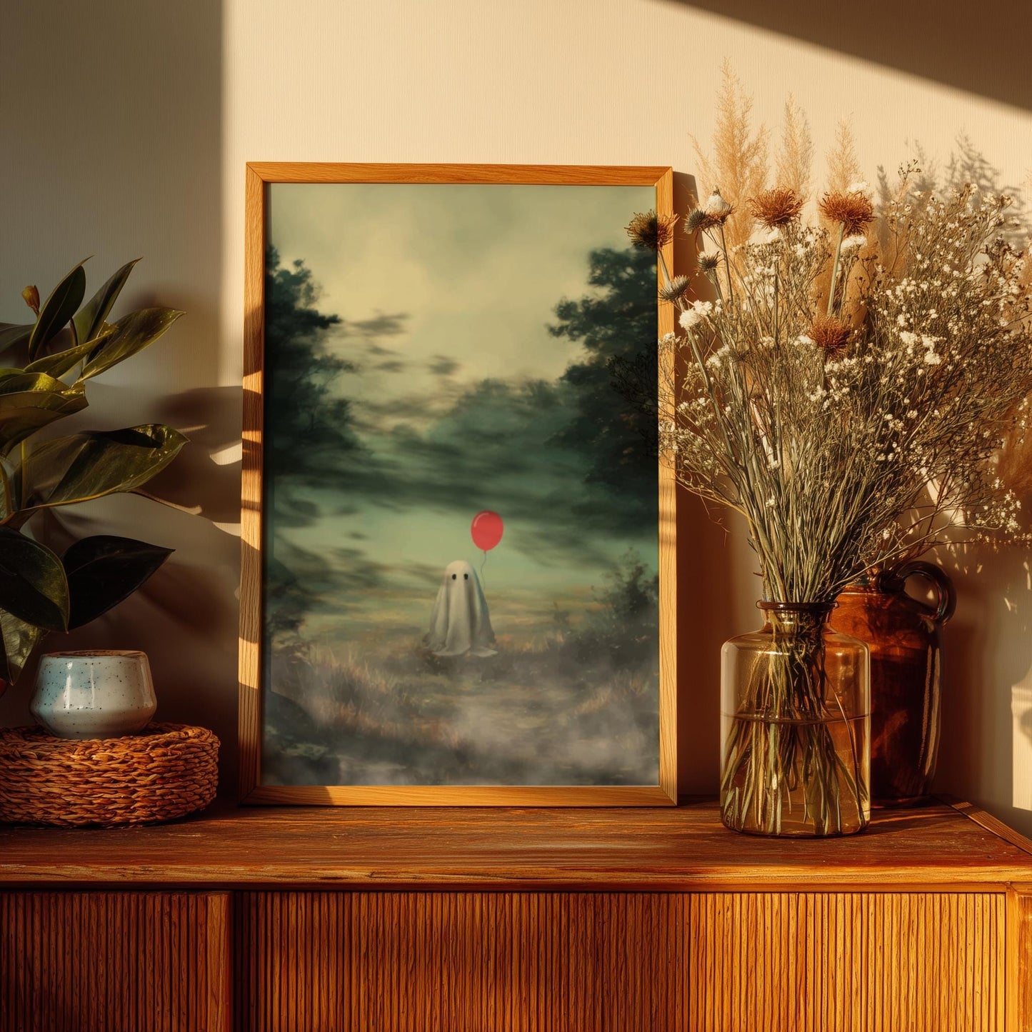 Ghost and Red Balloon Poster - Whisper of the Red Balloon - Foggy Field Wall Art, Surreal Spooky Aesthetic Print