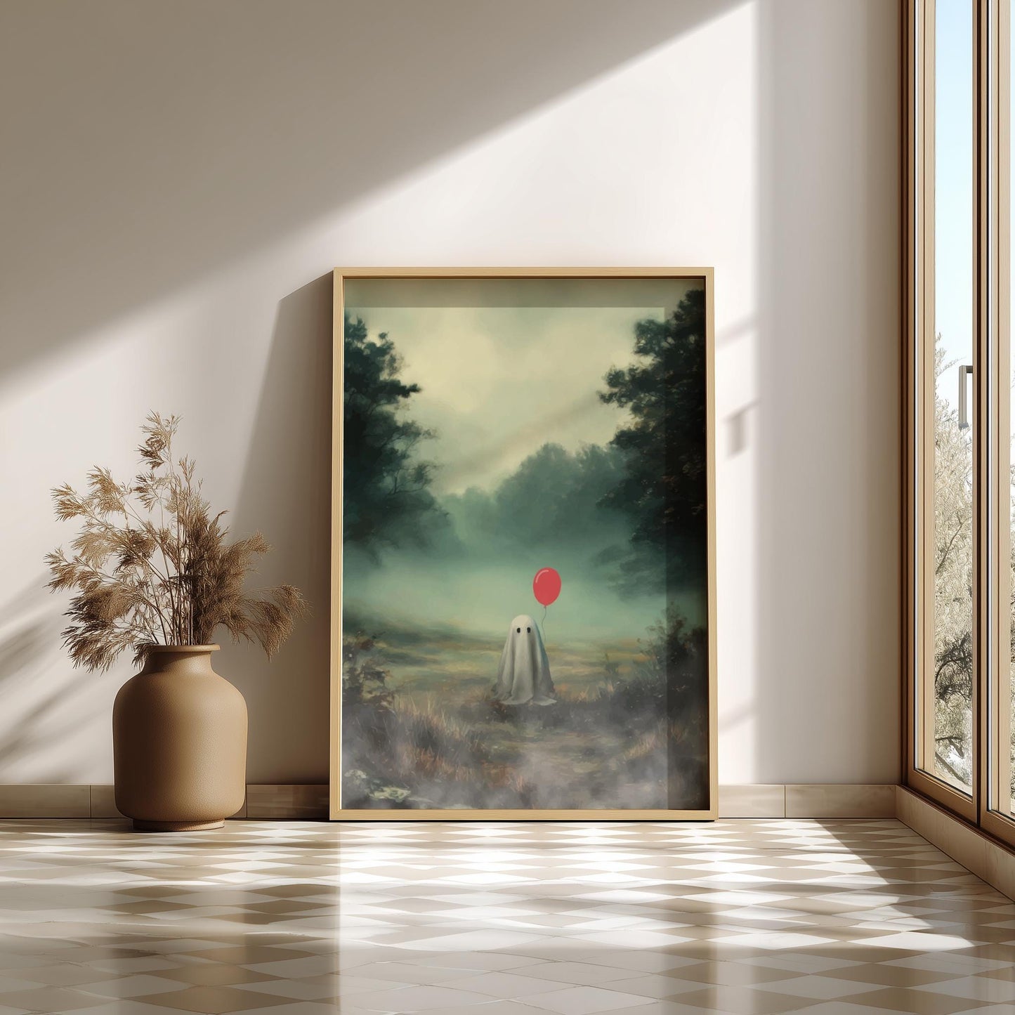 Ghost and Red Balloon Poster - Whisper of the Red Balloon - Foggy Field Wall Art, Surreal Spooky Aesthetic Print