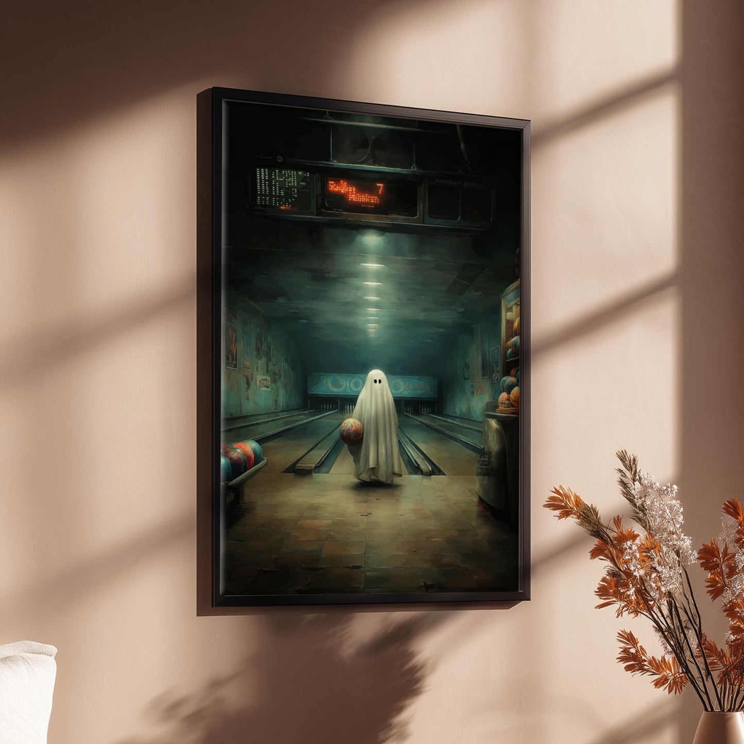 Ghost Bowling Alley Poster - Spare Spirit - Surreal Retro Wall Art, Spooky Aesthetic Print, Liminal Bowling Scene