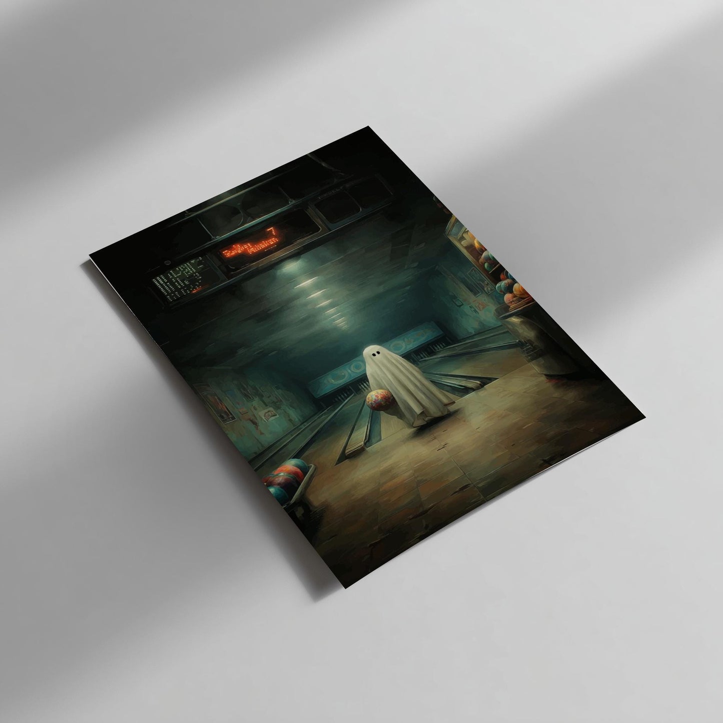 Ghost Bowling Alley Poster - Spare Spirit - Surreal Retro Wall Art, Spooky Aesthetic Print, Liminal Bowling Scene