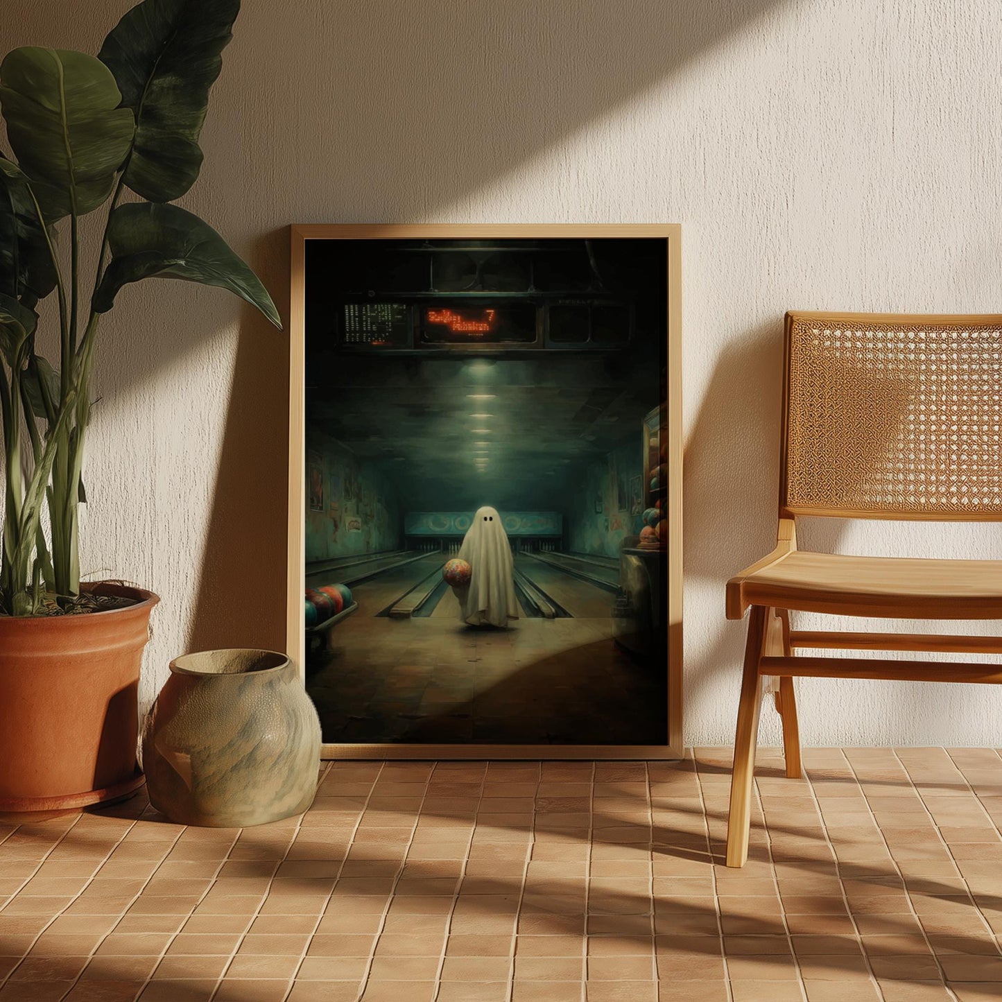 Ghost Bowling Alley Poster - Spare Spirit - Surreal Retro Wall Art, Spooky Aesthetic Print, Liminal Bowling Scene
