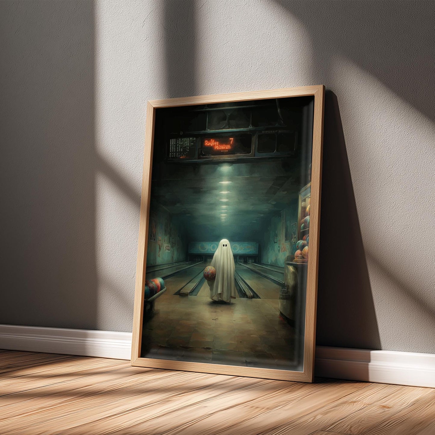 Ghost Bowling Alley Poster - Spare Spirit - Surreal Retro Wall Art, Spooky Aesthetic Print, Liminal Bowling Scene