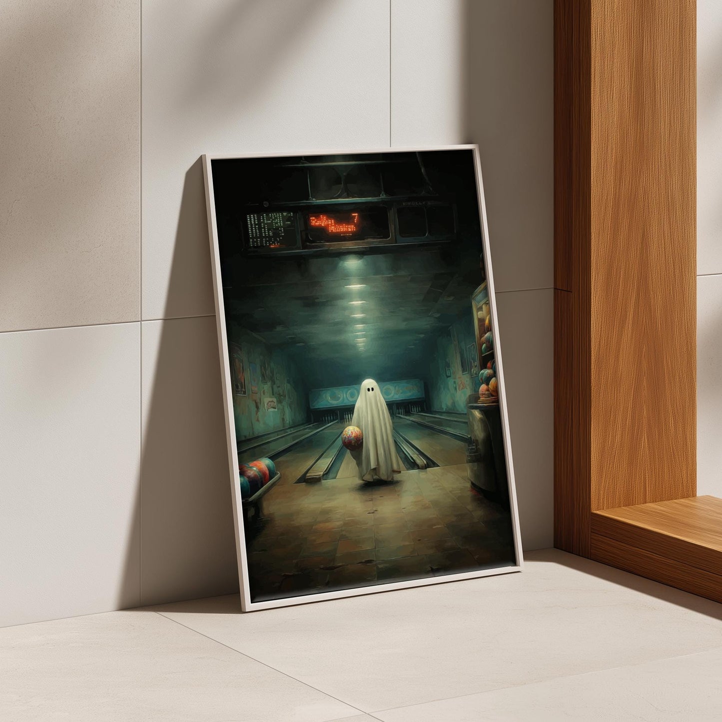 Ghost Bowling Alley Poster - Spare Spirit - Surreal Retro Wall Art, Spooky Aesthetic Print, Liminal Bowling Scene