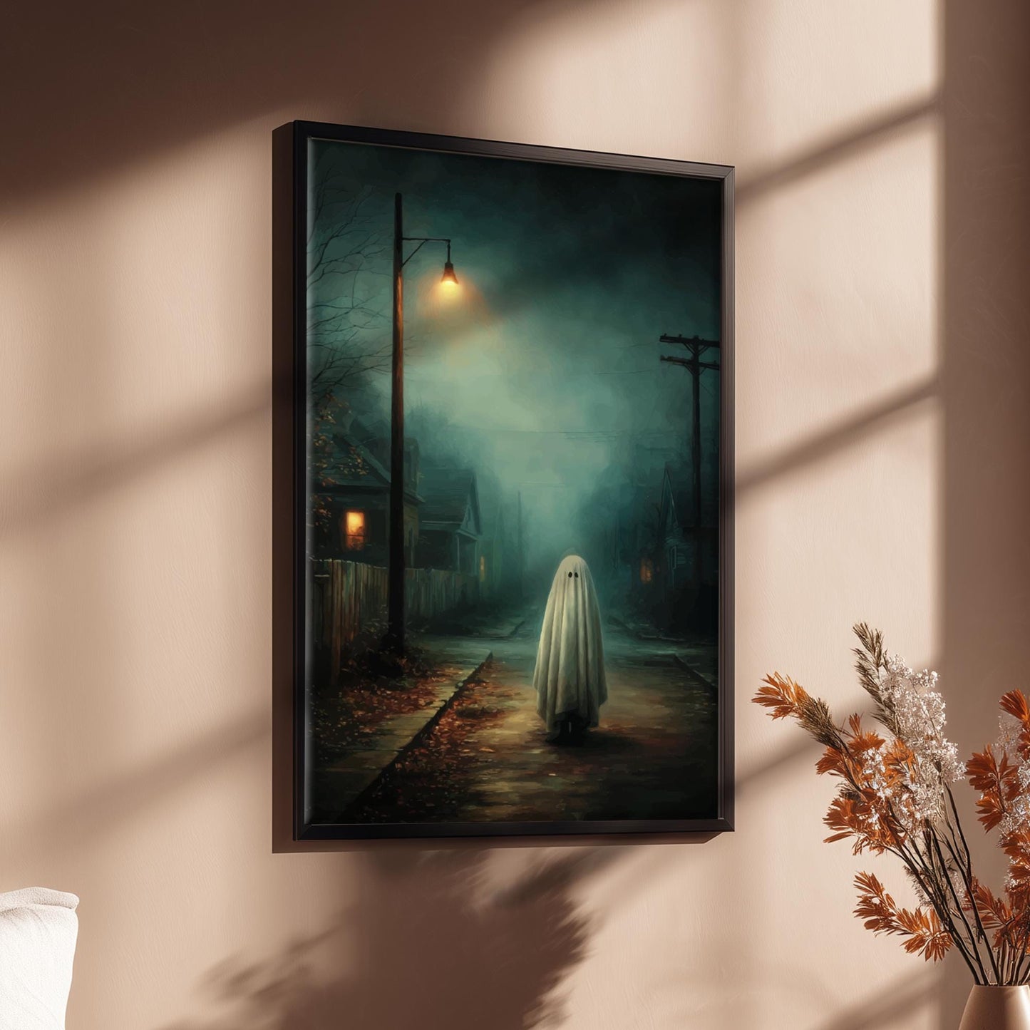 Ghost Suburban Poster - Porchlight Apparition - Surreal Night Scene Wall Art, Liminal Ghostcore Print, Moody Streetlight Decor