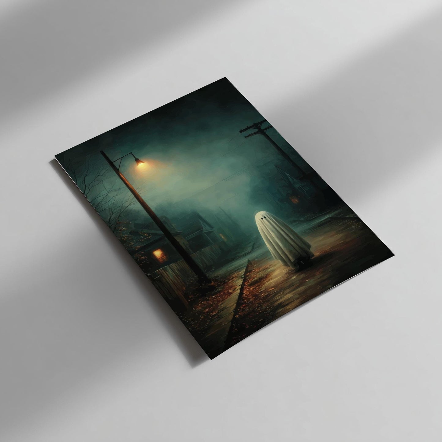 Ghost Suburban Poster - Porchlight Apparition - Surreal Night Scene Wall Art, Liminal Ghostcore Print, Moody Streetlight Decor