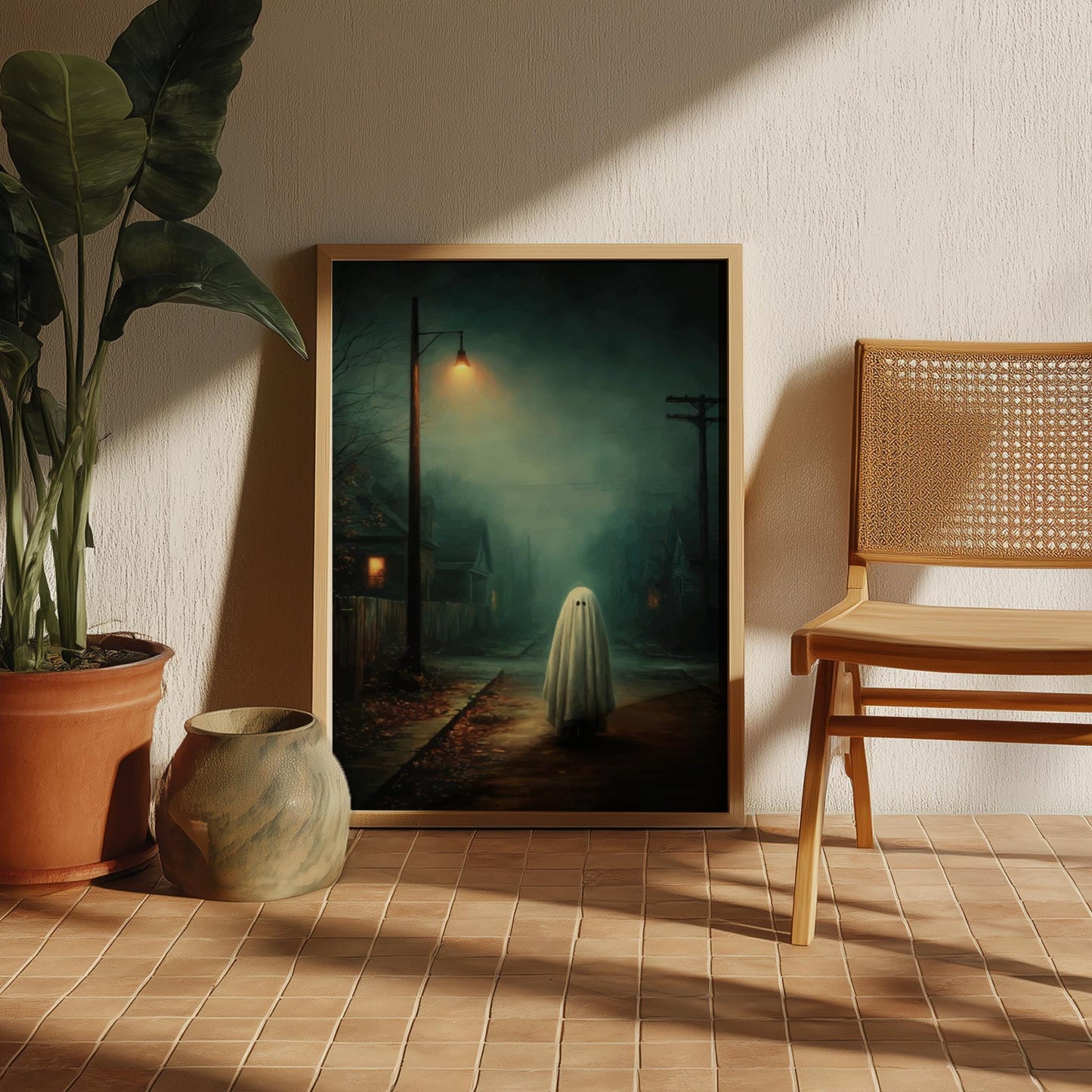 Ghost Suburban Poster - Porchlight Apparition - Surreal Night Scene Wall Art, Liminal Ghostcore Print, Moody Streetlight Decor