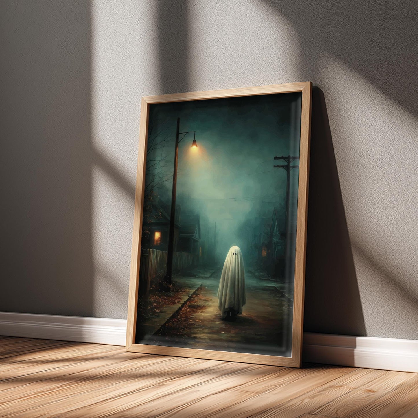 Ghost Suburban Poster - Porchlight Apparition - Surreal Night Scene Wall Art, Liminal Ghostcore Print, Moody Streetlight Decor