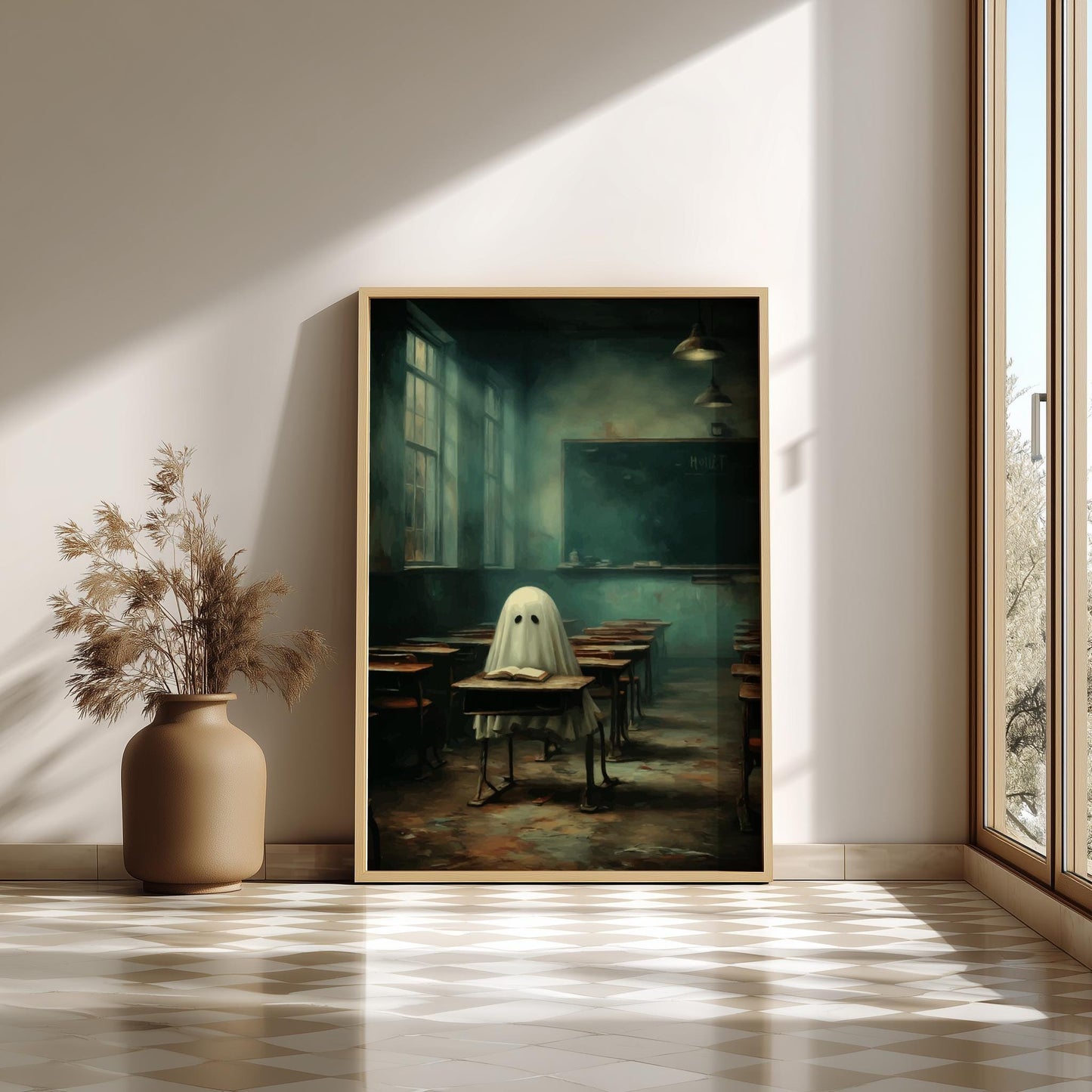 Ghost in Classroom Poster - Unwritten Lesson - Surreal School Wall Art, Liminal Academic Print, Dreamlike Ghost Poster