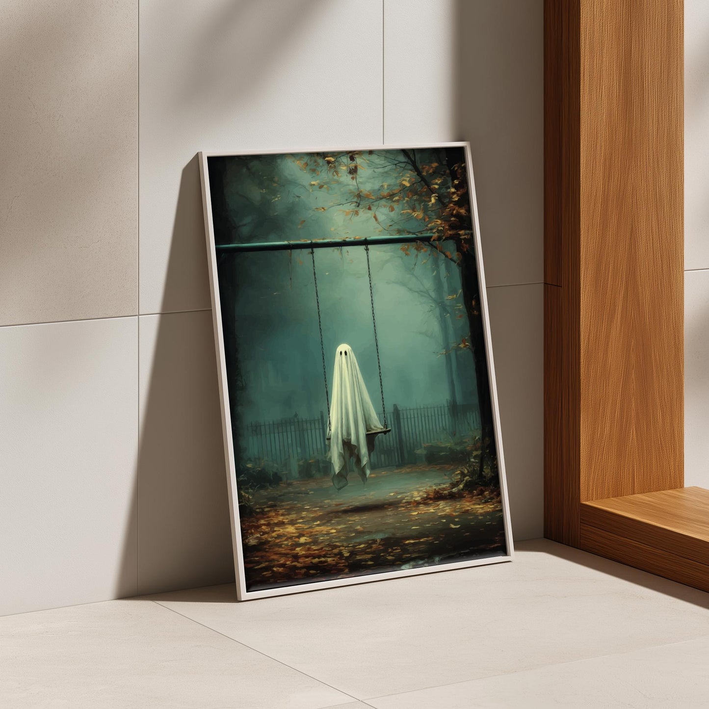 Ghost Swing Set Poster - Fading Playground Reverie - Surreal Aesthetic Wall Art, Dreamlike Ghost Decor, Liminal Space Print