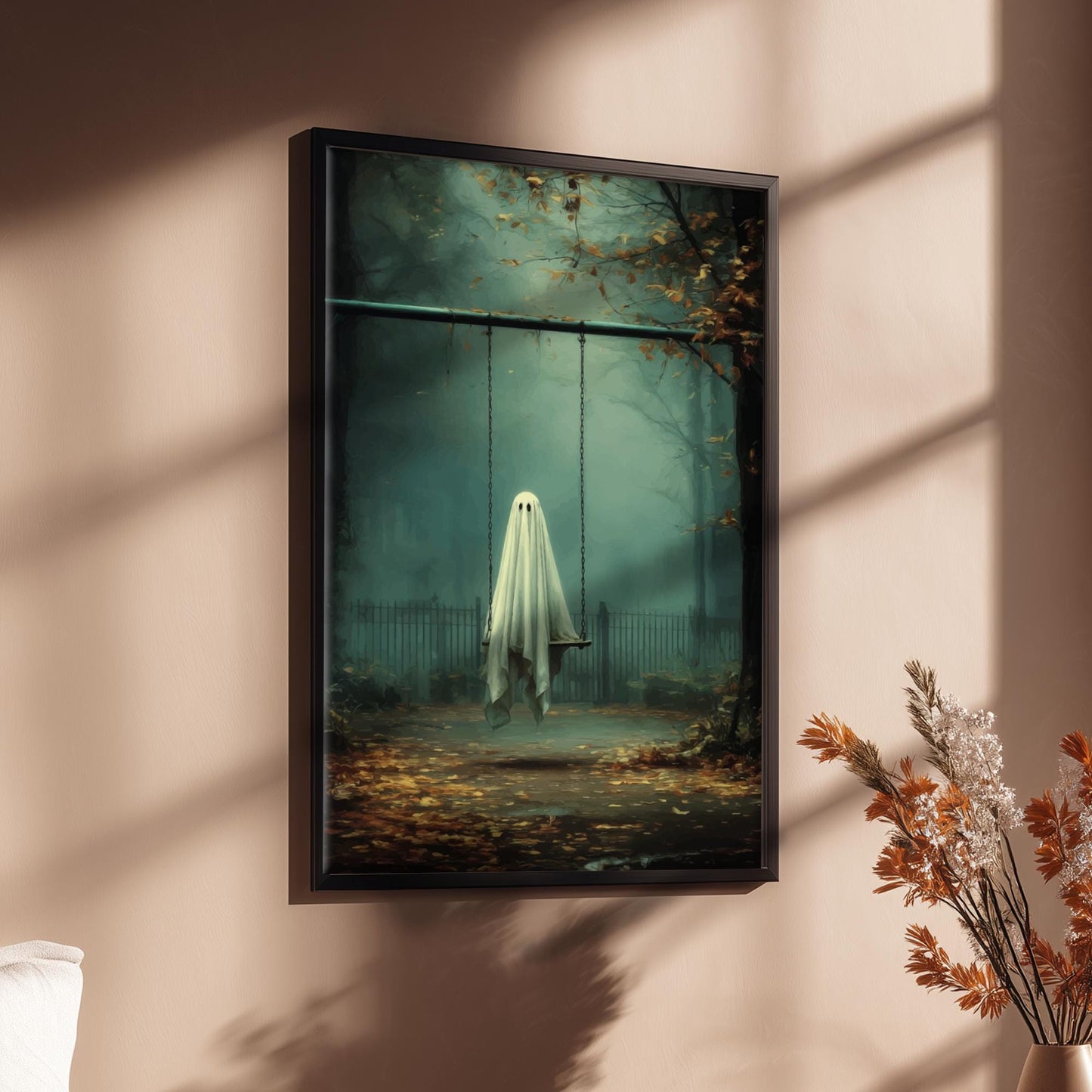 Ghost Swing Set Poster - Fading Playground Reverie - Surreal Aesthetic Wall Art, Dreamlike Ghost Decor, Liminal Space Print