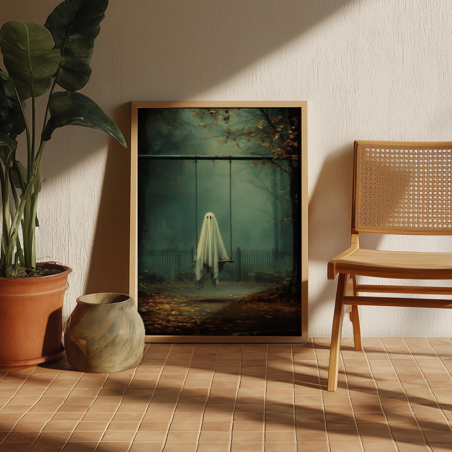 Ghost Swing Set Poster - Fading Playground Reverie - Surreal Aesthetic Wall Art, Dreamlike Ghost Decor, Liminal Space Print