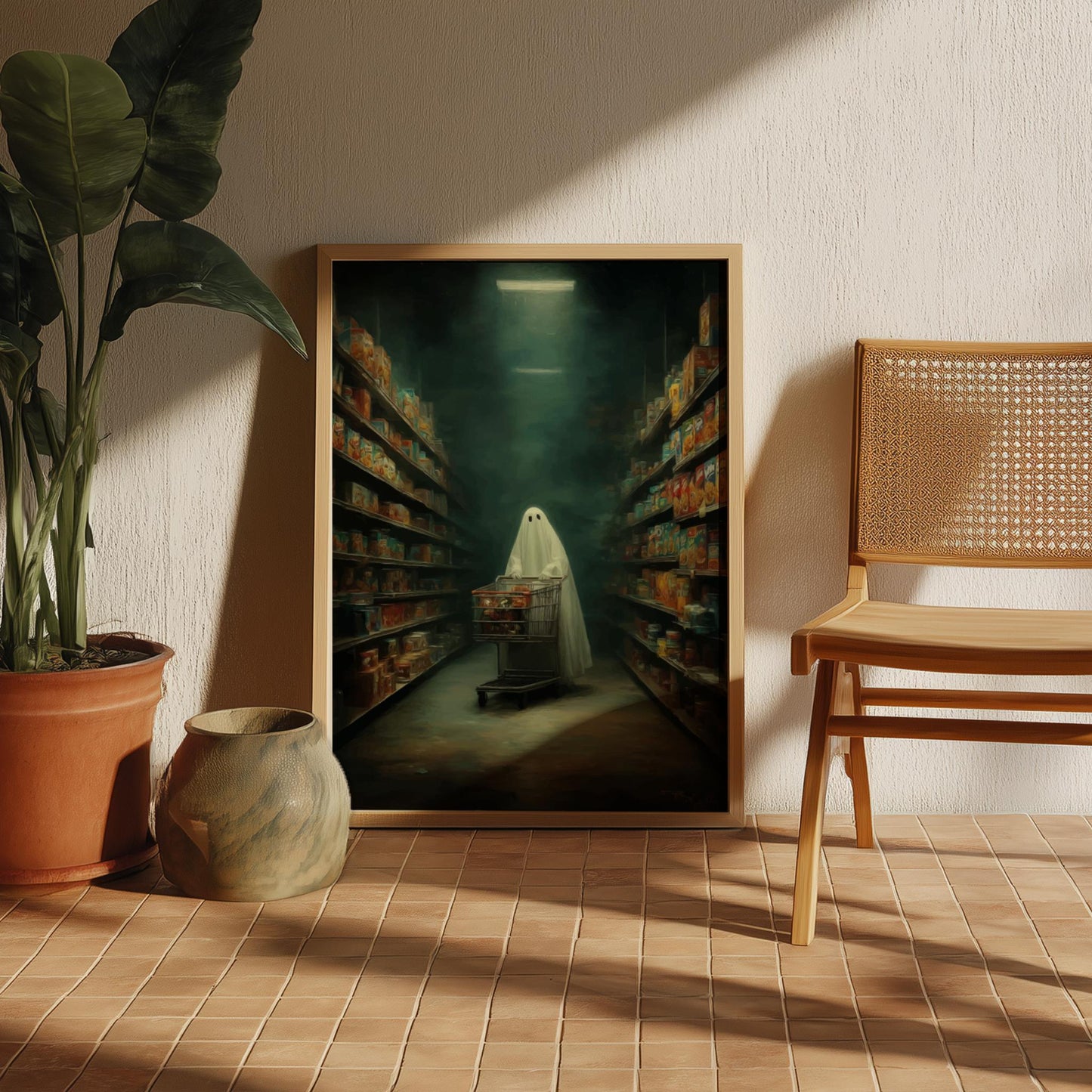 Ghost Grocery Store Poster - Midnight Market Haunt - Surreal Wall Art, Aesthetic Ghost Poster, Dreamlike Home Decor, Spooky Modern Art Print