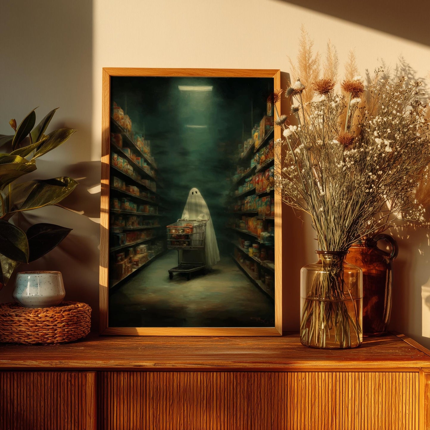 Ghost Grocery Store Poster - Midnight Market Haunt - Surreal Wall Art, Aesthetic Ghost Poster, Dreamlike Home Decor, Spooky Modern Art Print