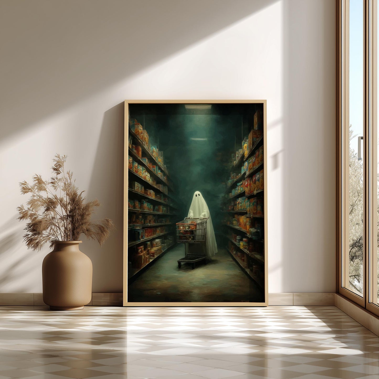 Ghost Grocery Store Poster - Midnight Market Haunt - Surreal Wall Art, Aesthetic Ghost Poster, Dreamlike Home Decor, Spooky Modern Art Print