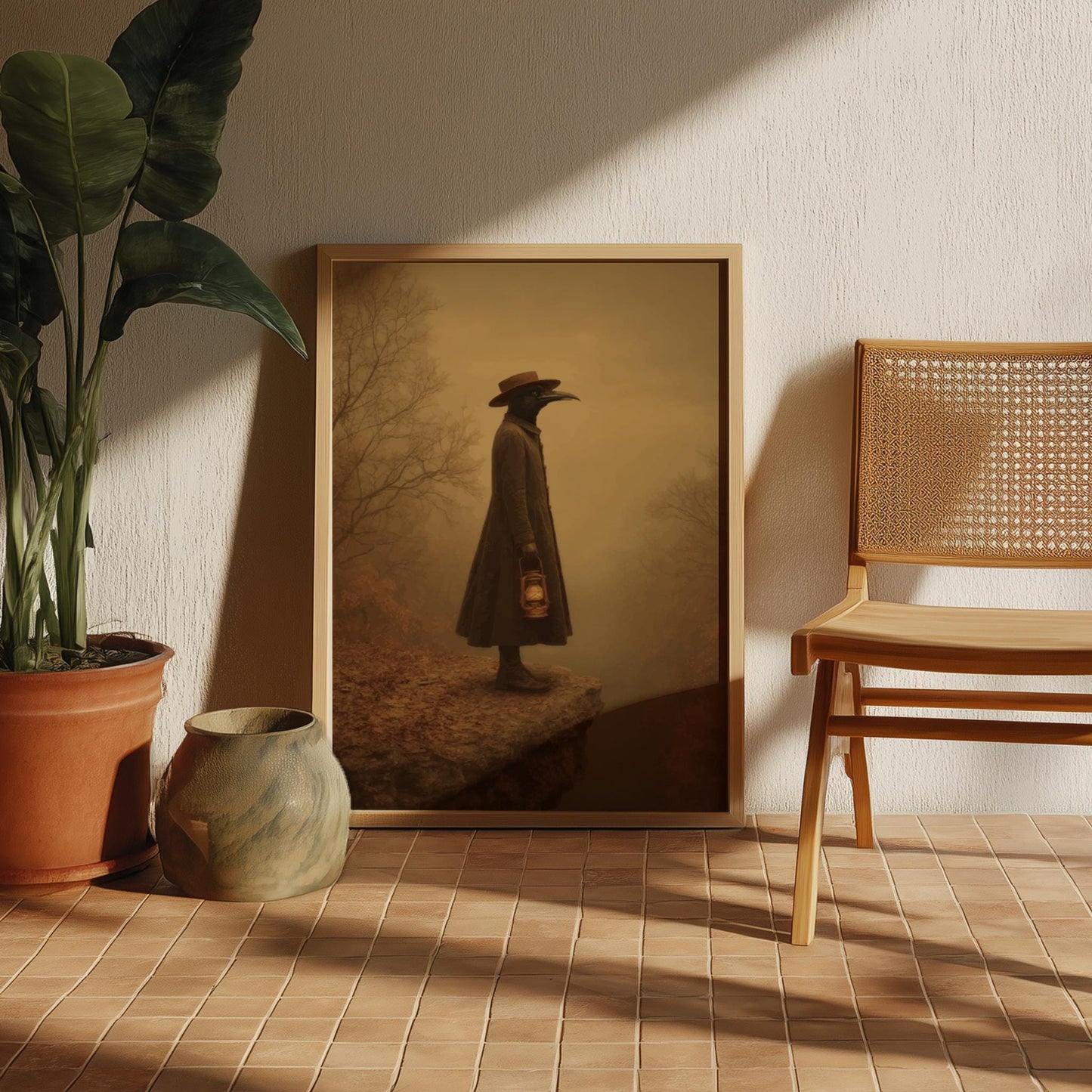 The Crow Watcher – Gothic Crow-Headed Figure Wall Art, Surreal Forest Guardian Print, Dark Academia Bird Illustration