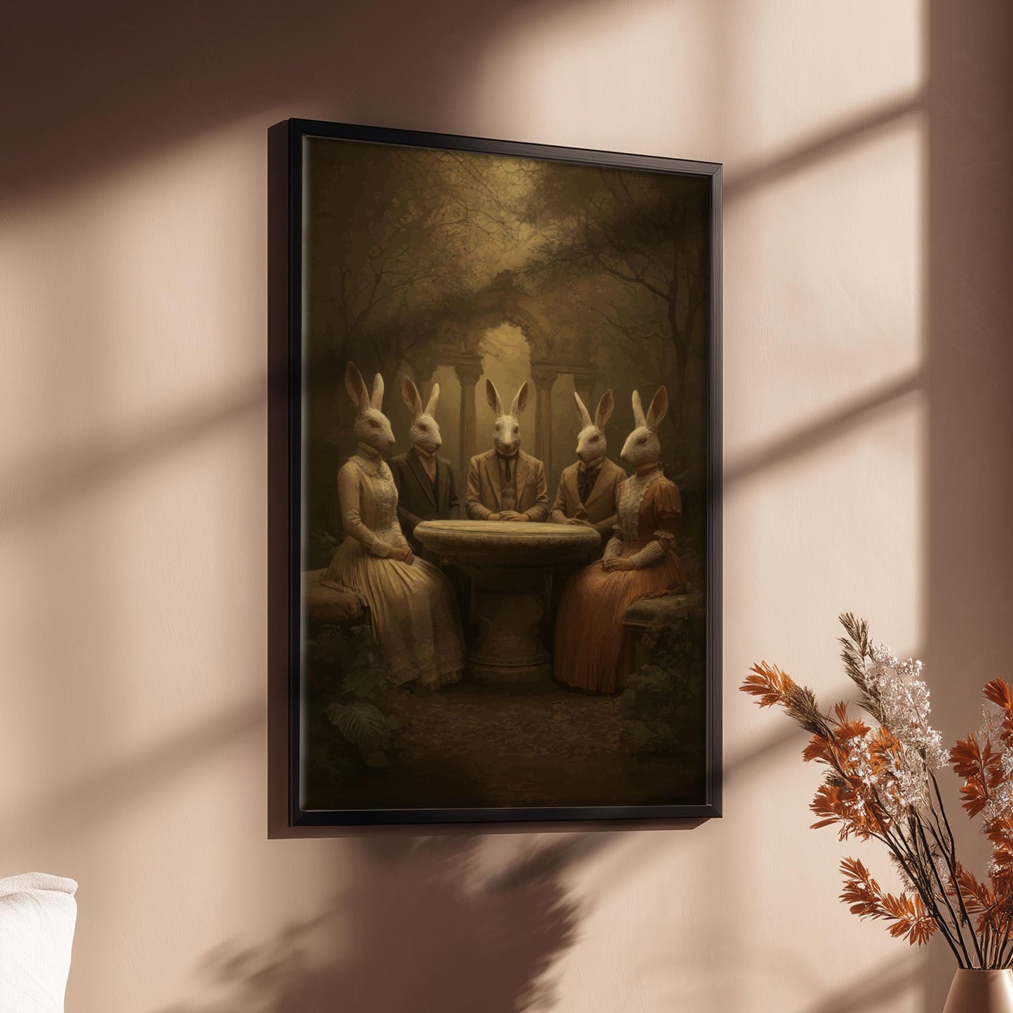 The Rabbit Council – Surreal Gothic Forest Print, Anthropomorphic Rabbit Meeting Artwork, Dark Folklore Animal Decor