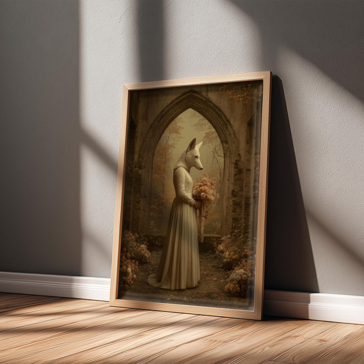 The Wolf Bride – Gothic Animal Wedding Print, Surreal Wolf-Headed Bride Poster, Haunted Woodland Chapel Art