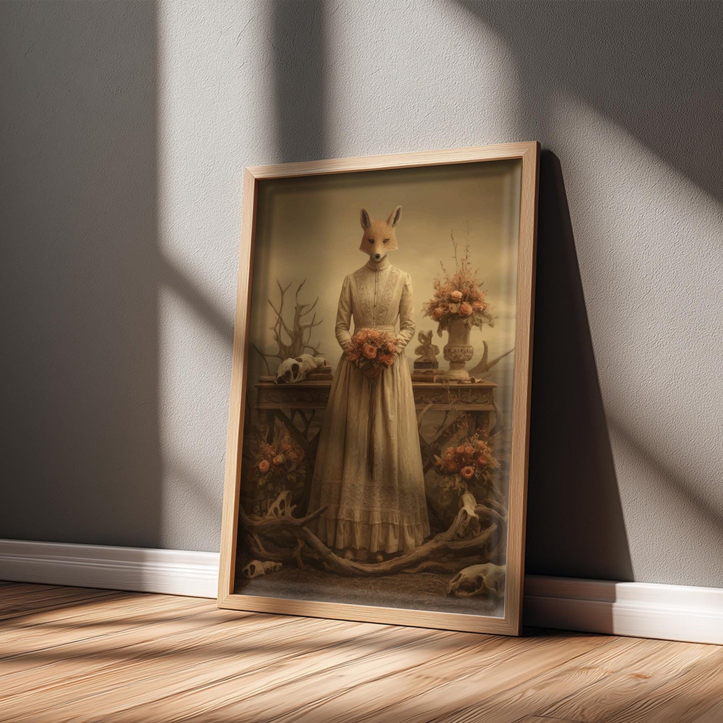 The Fox Bride – Surreal Animal Wedding Wall Art, Gothic Fox-Headed Bride Print, Dark Forest Wedding Poster