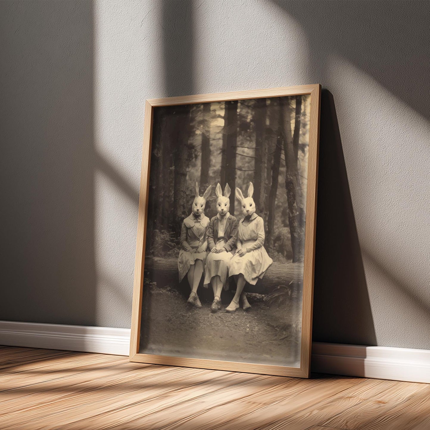 The Rabbit Sisters – Surreal Rabbit Wall Art, Anthropomorphic Animal Sisters Poster, Dark Woodland Bunny Print