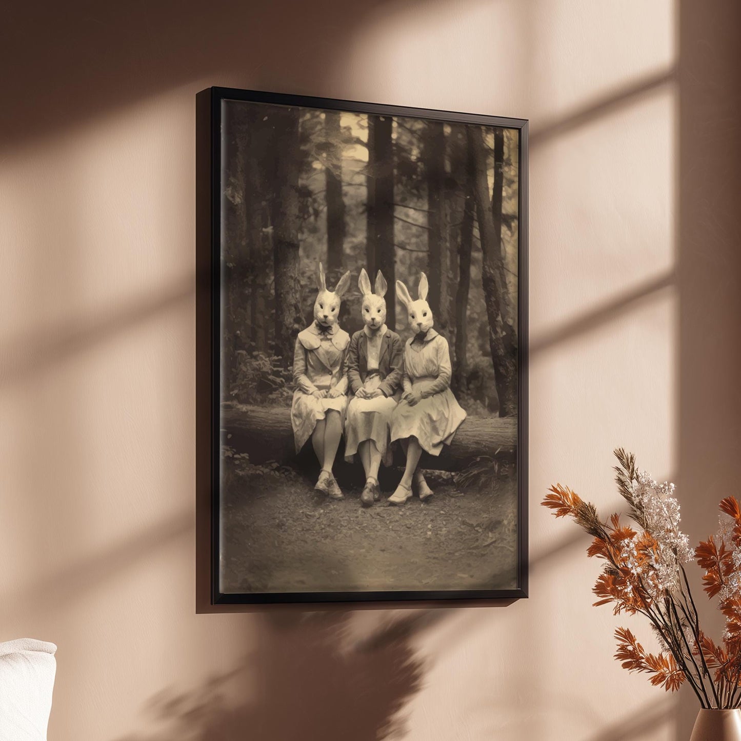 The Rabbit Sisters – Surreal Rabbit Wall Art, Anthropomorphic Animal Sisters Poster, Dark Woodland Bunny Print