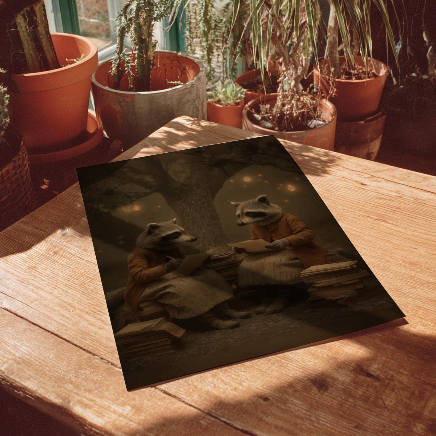 The Raccoon Poets – Gothic Raccoon Art Print, Firefly Forest Writers Poster, Surreal Animal Book Lovers Decor