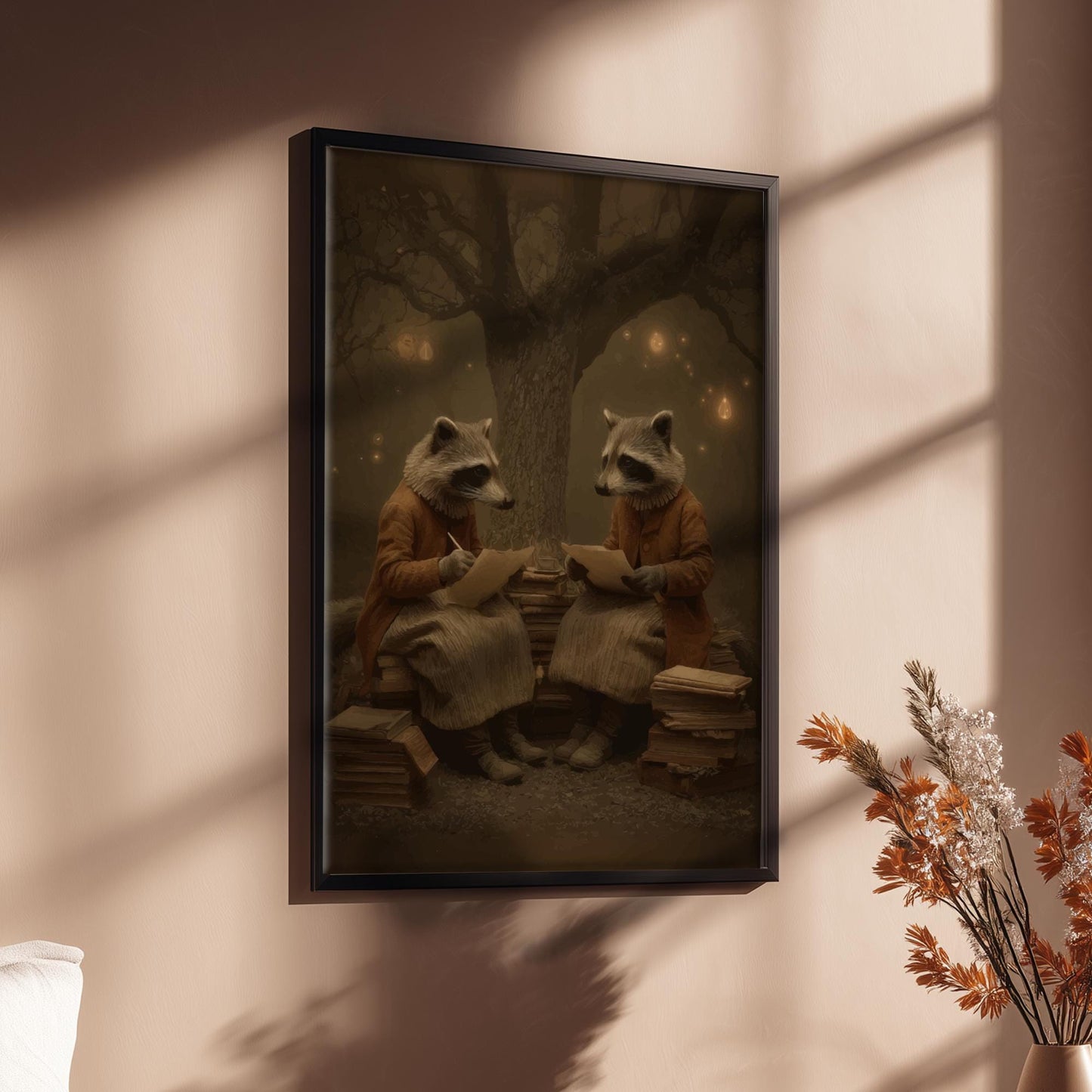 The Raccoon Poets – Gothic Raccoon Art Print, Firefly Forest Writers Poster, Surreal Animal Book Lovers Decor