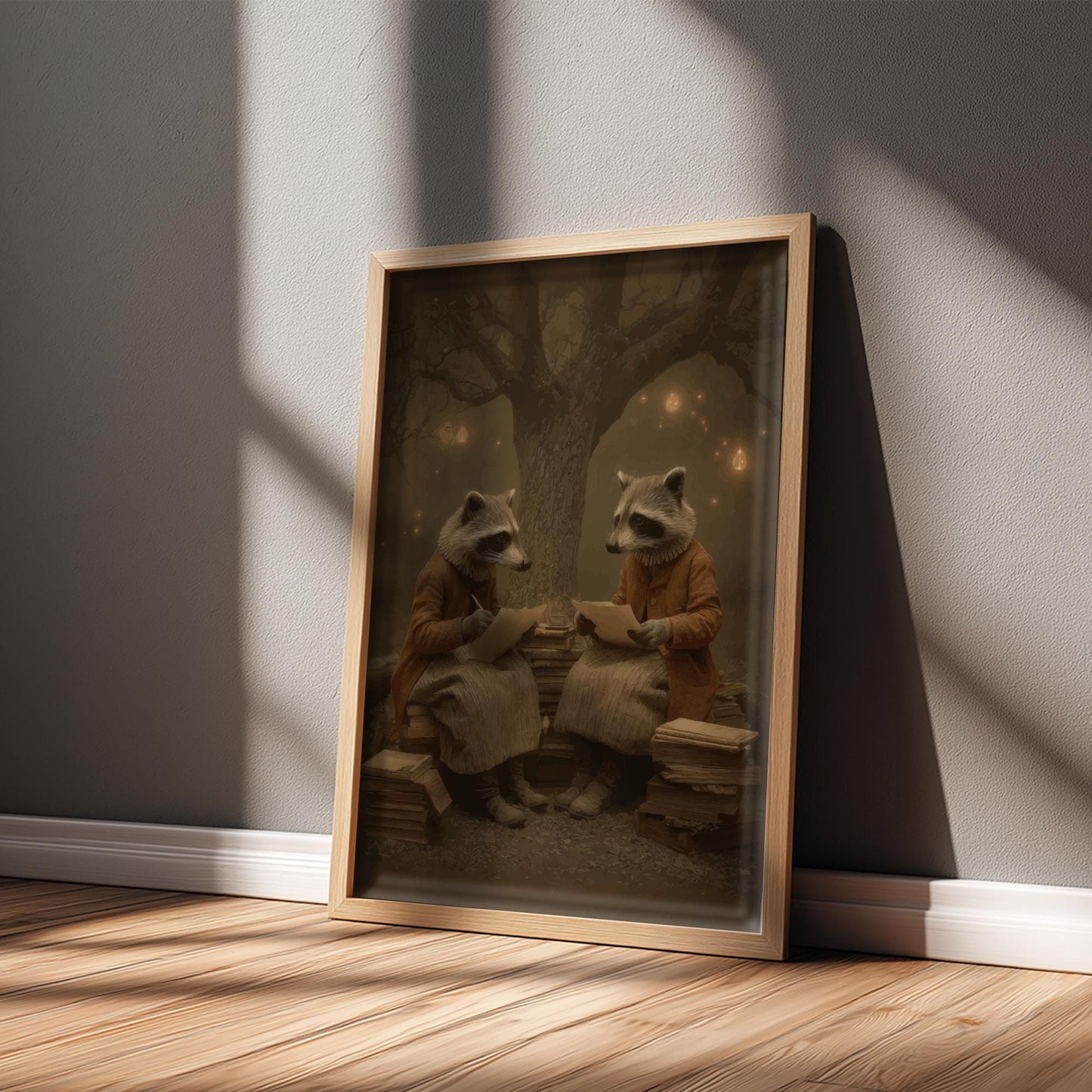 The Raccoon Poets – Gothic Raccoon Art Print, Firefly Forest Writers Poster, Surreal Animal Book Lovers Decor
