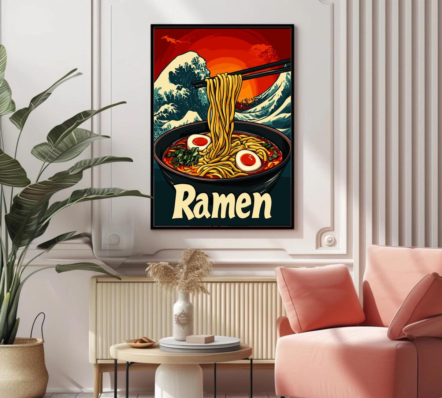 Ramen Bowl with Great Wave Poster – Japanese Food Art Print, Hokusai-Inspired Kitchen Decor, Ukiyo-e Wave Background, Noodle Lover Gift