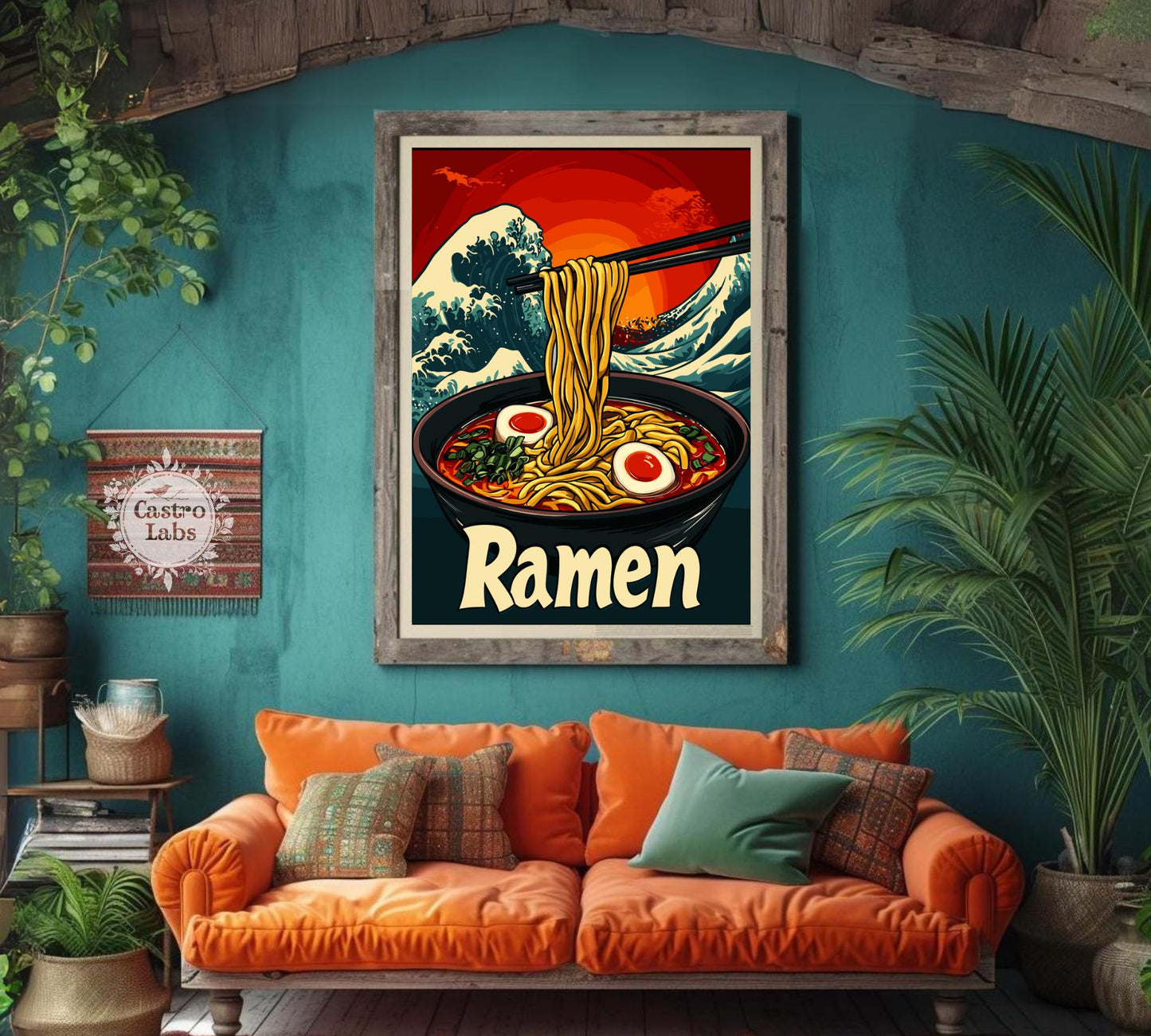Ramen Bowl with Great Wave Poster – Japanese Food Art Print, Hokusai-Inspired Kitchen Decor, Ukiyo-e Wave Background, Noodle Lover Gift