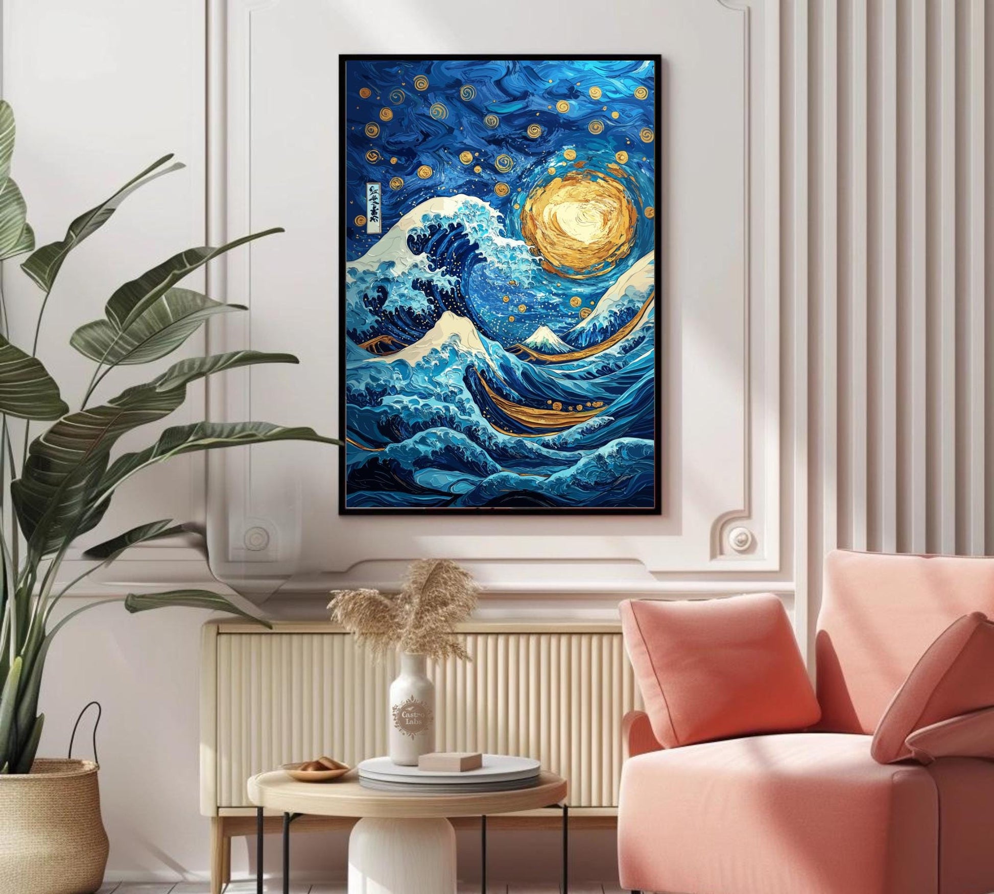 Great Wave Meets Starry Night Art – Hokusai & Van Gogh Fusion Art Print, Japanese Ukiyo-e and Starry Sky Wall Art, Iconic Masterpiece Mashup