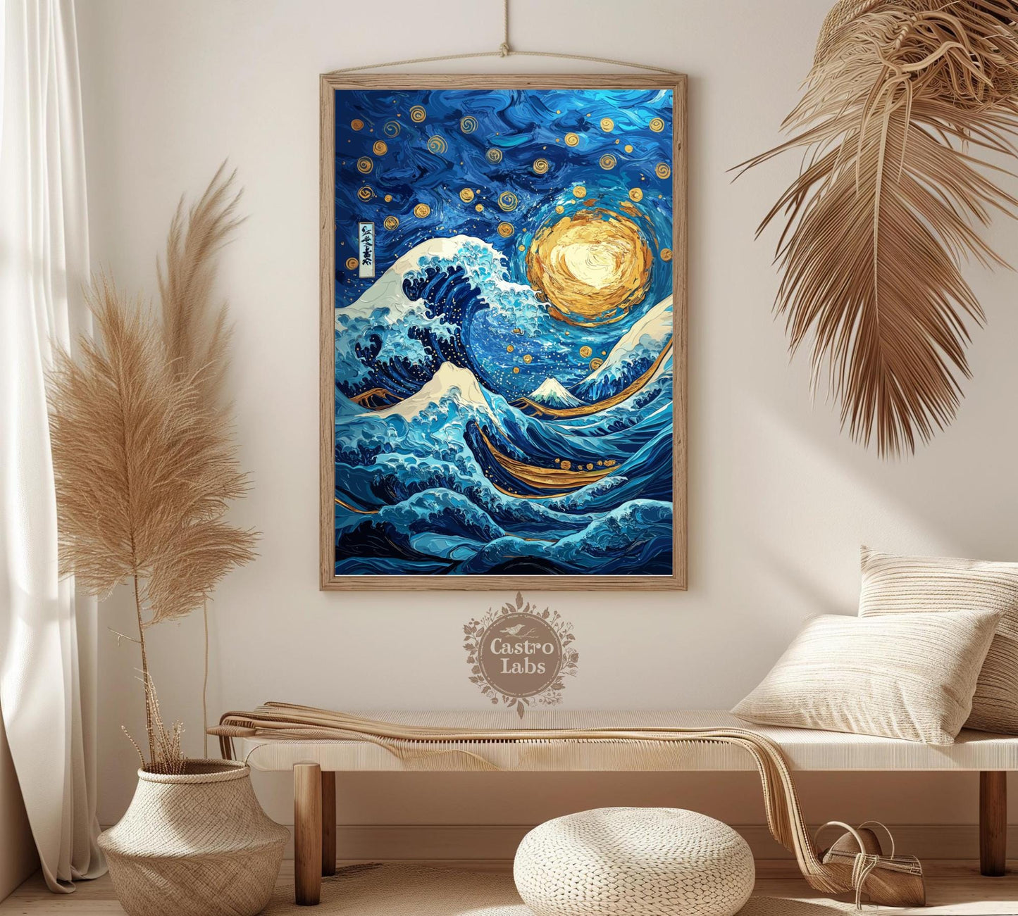 Great Wave Meets Starry Night Art – Hokusai & Van Gogh Fusion Art Print, Japanese Ukiyo-e and Starry Sky Wall Art, Iconic Masterpiece Mashup