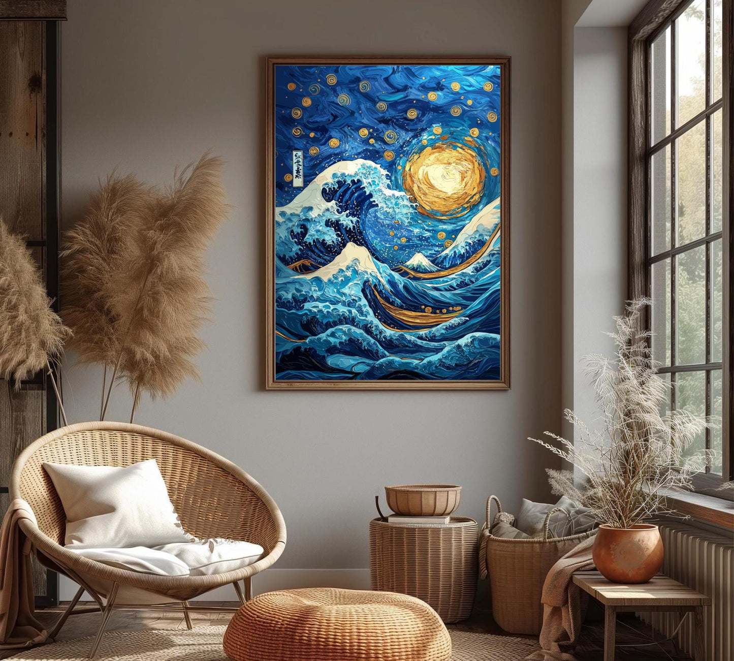 Great Wave Meets Starry Night Art – Hokusai & Van Gogh Fusion Art Print, Japanese Ukiyo-e and Starry Sky Wall Art, Iconic Masterpiece Mashup