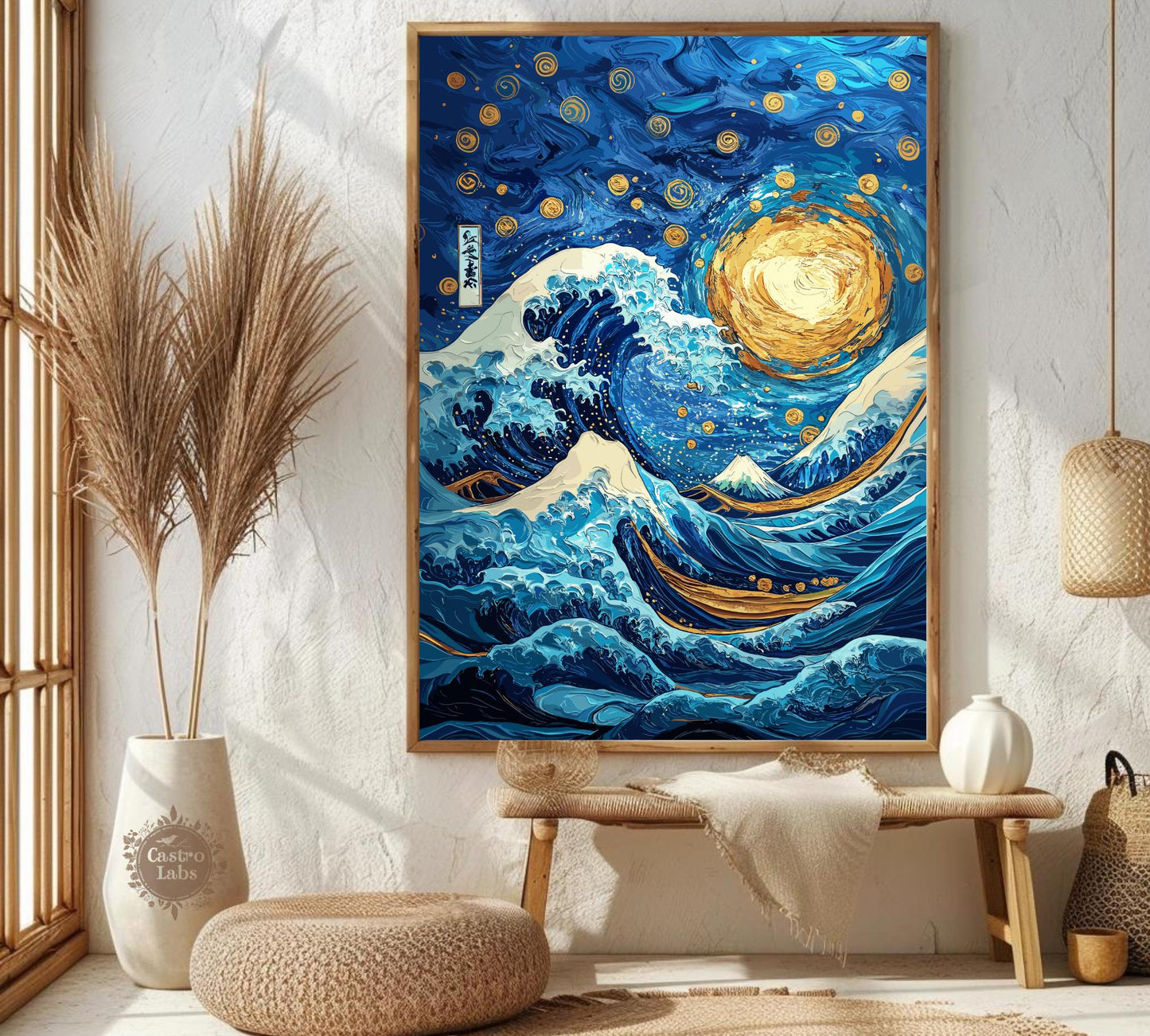 Great Wave Meets Starry Night Art – Hokusai & Van Gogh Fusion Art Print, Japanese Ukiyo-e and Starry Sky Wall Art, Iconic Masterpiece Mashup