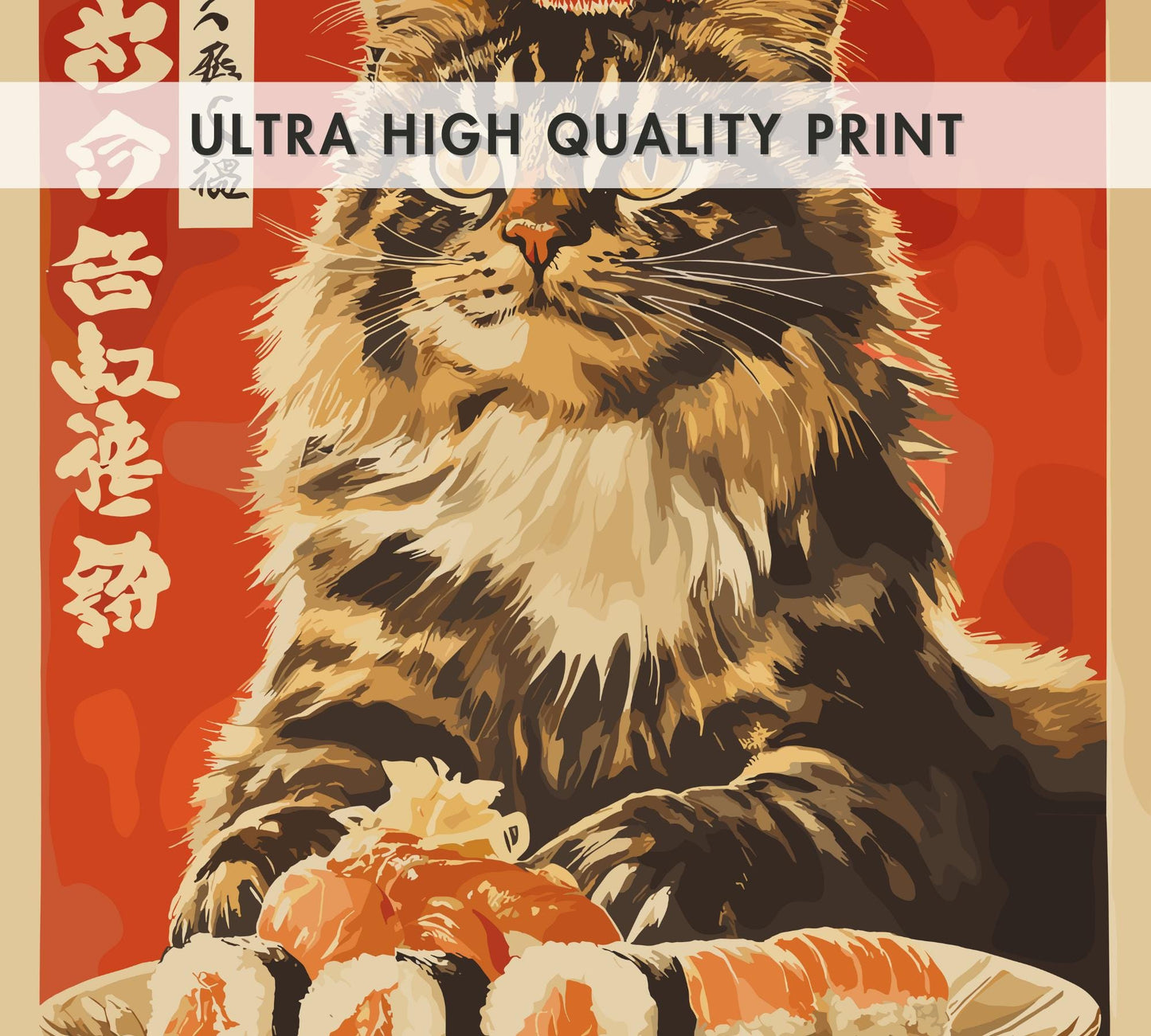 Hungry Cat Sushi Print, Japanese Style Cat Poster, Funny Wall Art for Kitchen or Cafe, Maine Coon Cat Food Art, Whimsical Cat Lover Gift