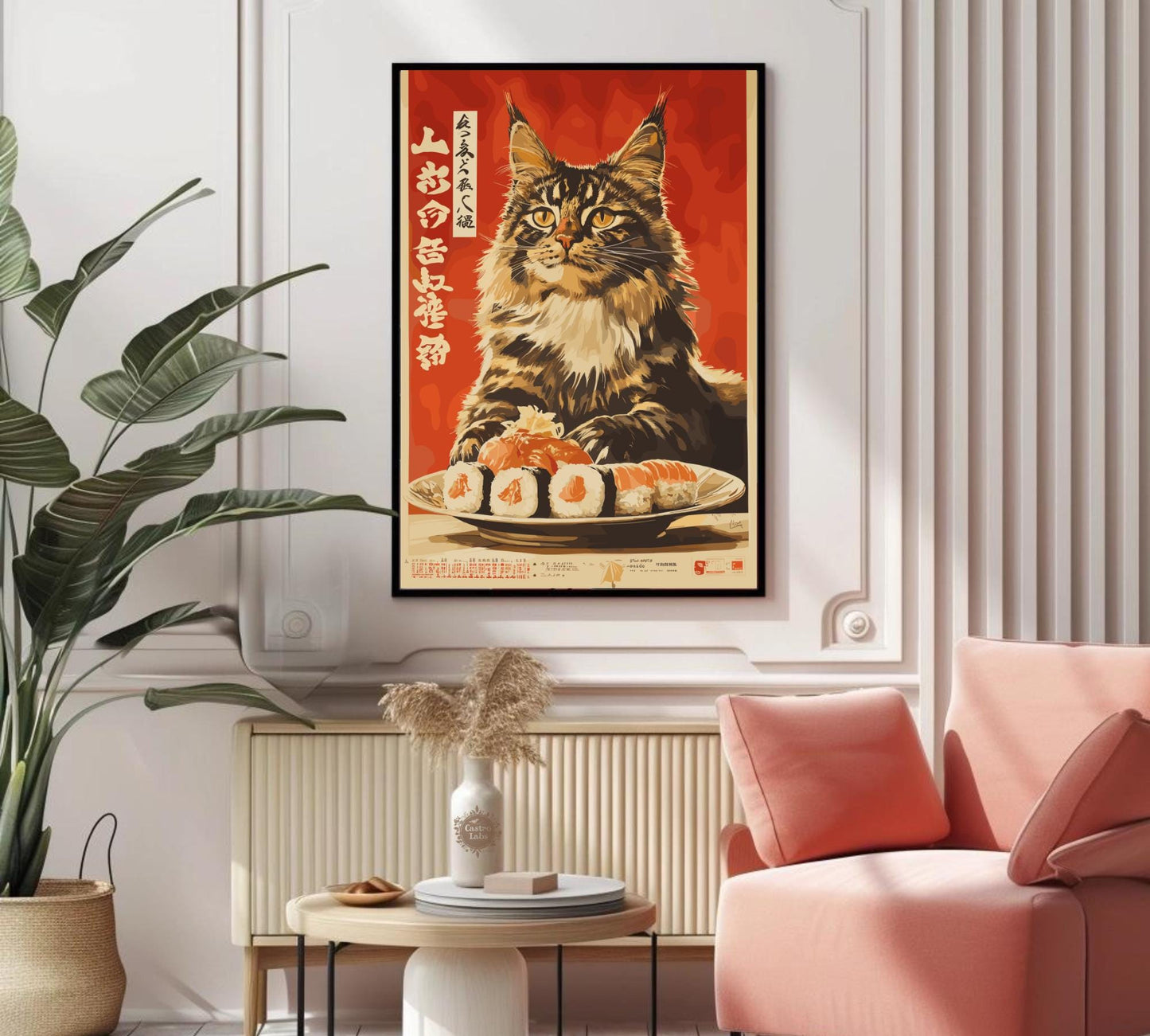 Hungry Cat Sushi Print, Japanese Style Cat Poster, Funny Wall Art for Kitchen or Cafe, Maine Coon Cat Food Art, Whimsical Cat Lover Gift