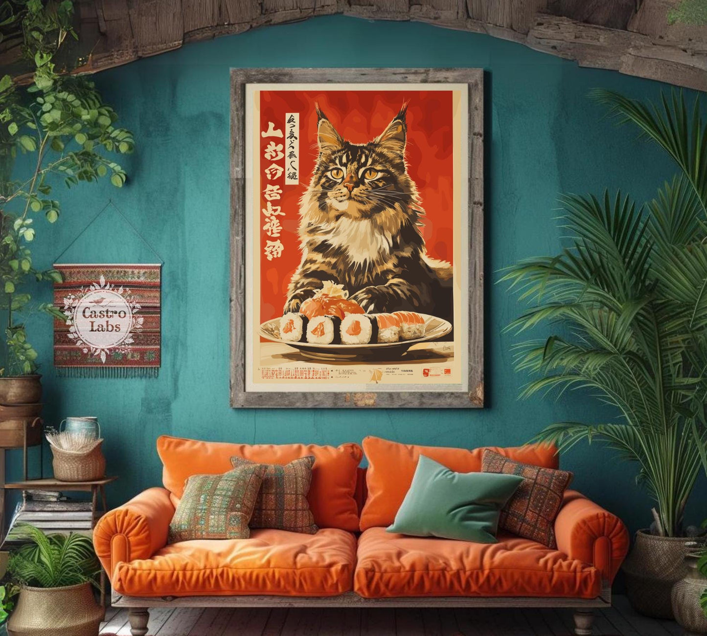 Hungry Cat Sushi Print, Japanese Style Cat Poster, Funny Wall Art for Kitchen or Cafe, Maine Coon Cat Food Art, Whimsical Cat Lover Gift