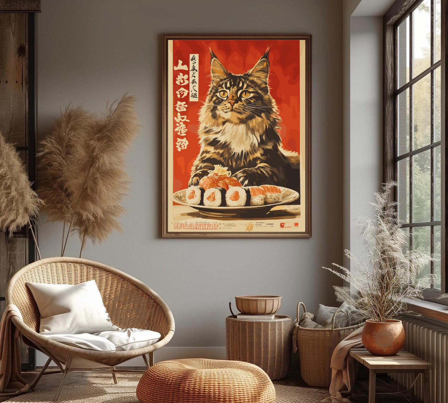 Hungry Cat Sushi Print, Japanese Style Cat Poster, Funny Wall Art for Kitchen or Cafe, Maine Coon Cat Food Art, Whimsical Cat Lover Gift