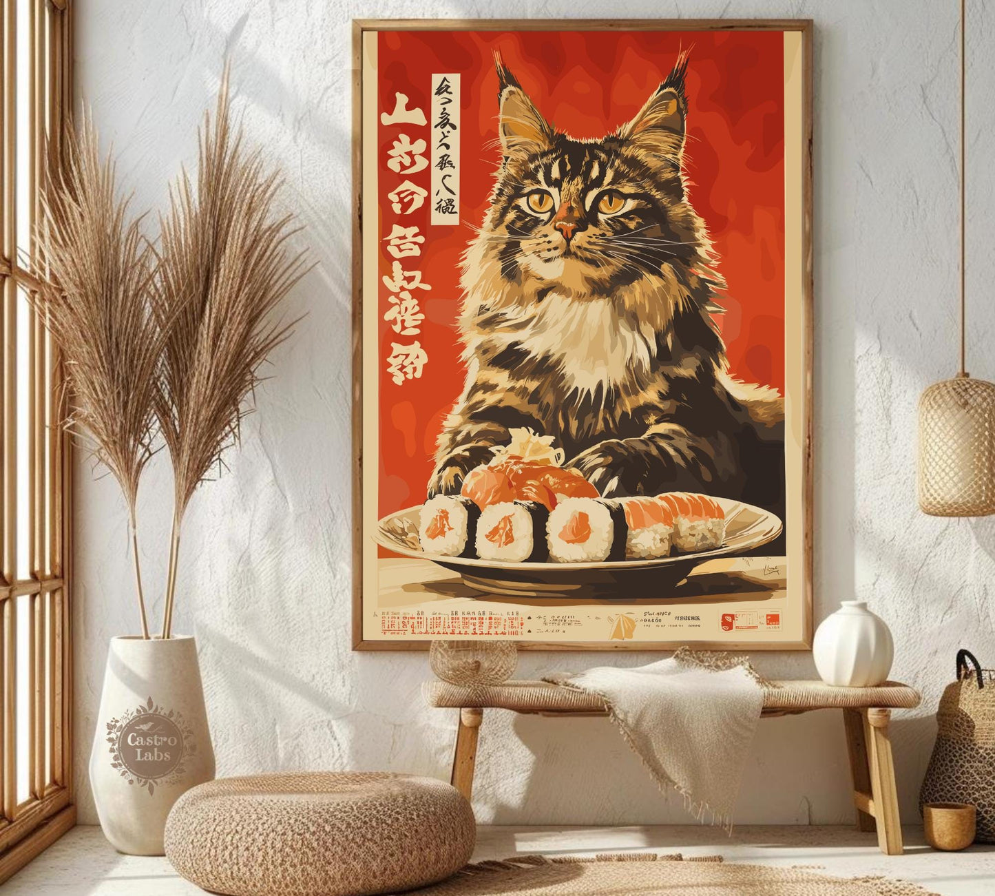 Hungry Cat Sushi Print, Japanese Style Cat Poster, Funny Wall Art for Kitchen or Cafe, Maine Coon Cat Food Art, Whimsical Cat Lover Gift
