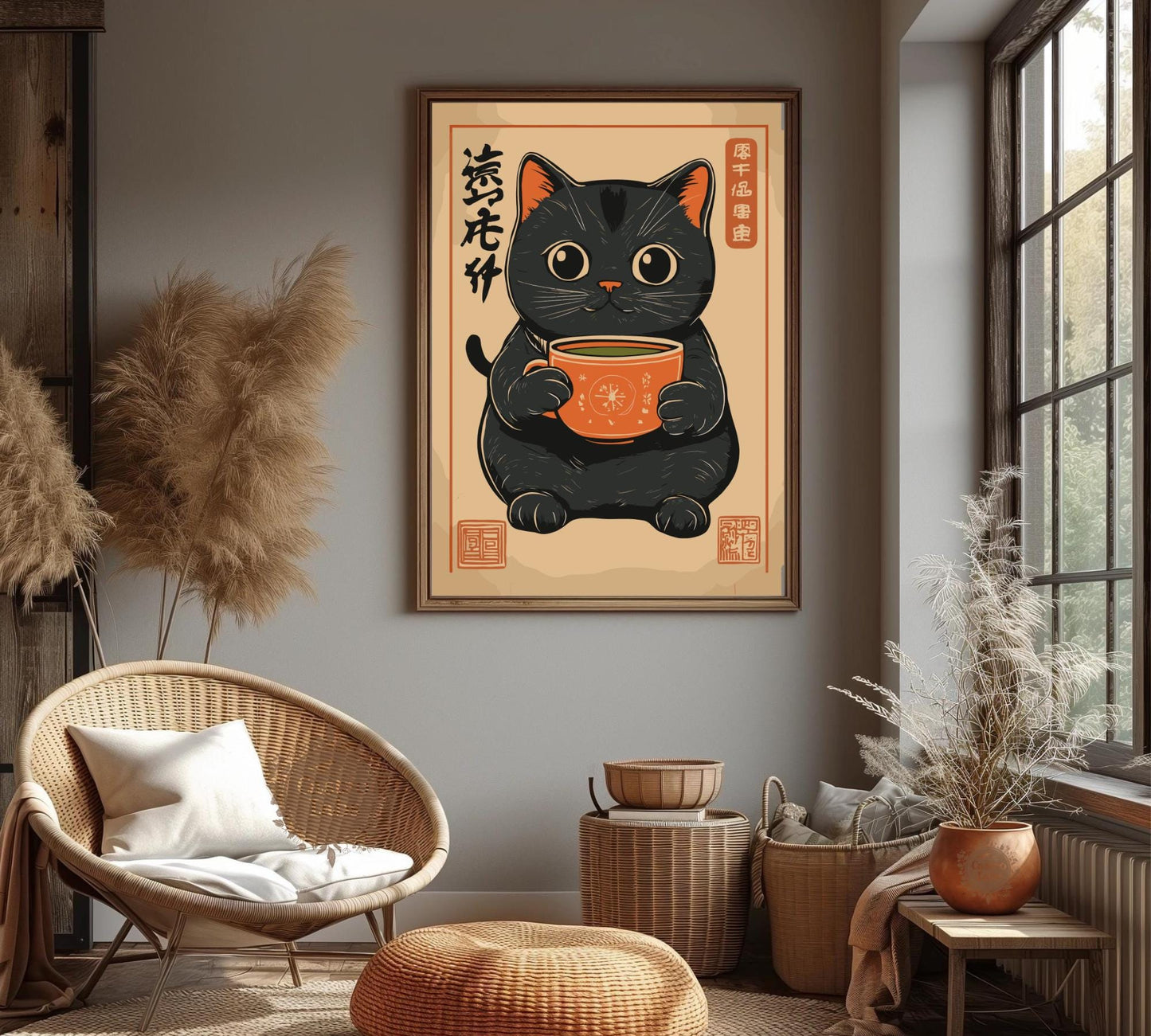 Cute Black Cat Drinking Matcha Poster – Cozy Japanese-Inspired Cat Art, Matcha Lover Print, Minimalist Cat Wall Decor, Kawaii Aesthetic