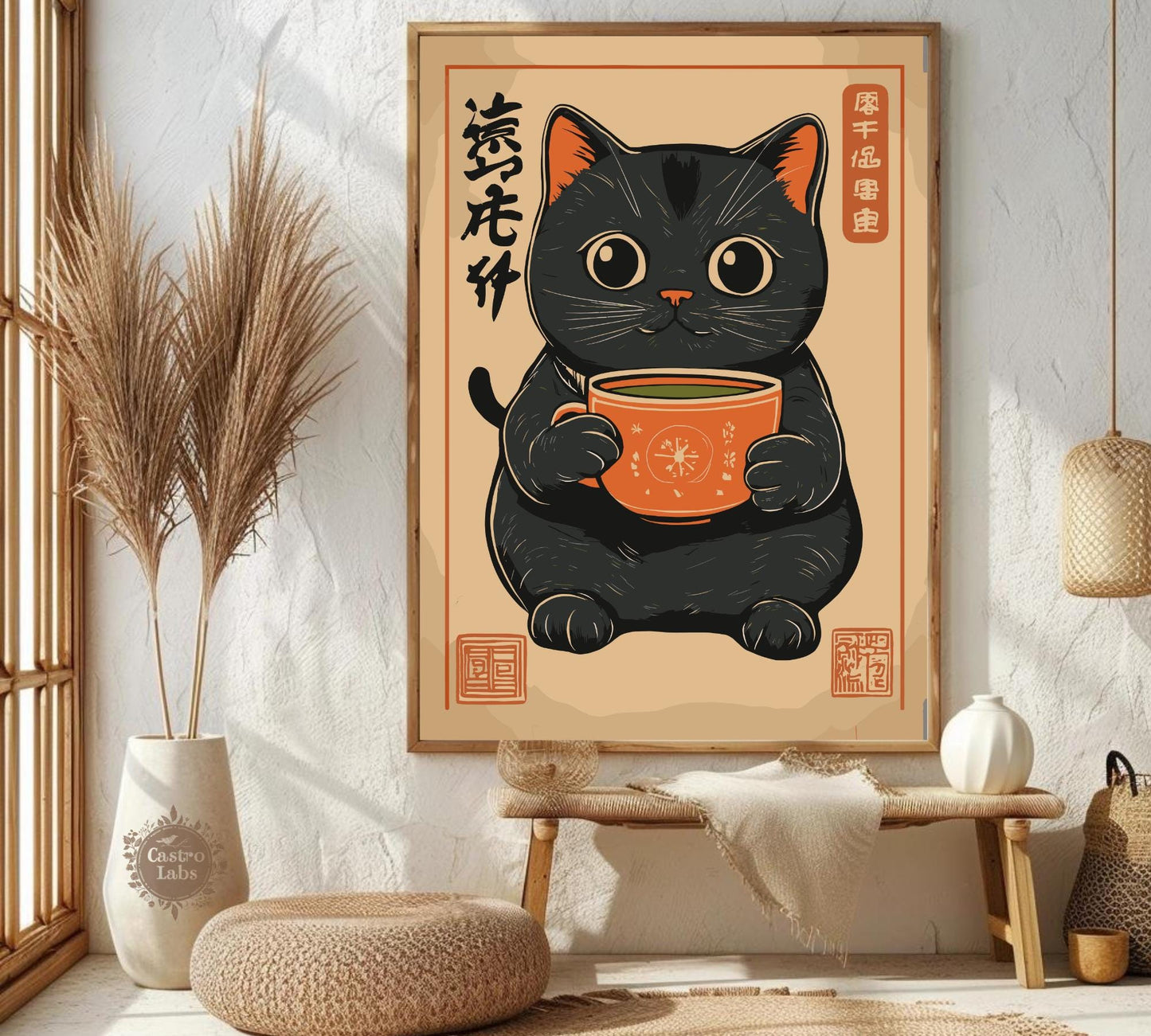 Cute Black Cat Drinking Matcha Poster – Cozy Japanese-Inspired Cat Art, Matcha Lover Print, Minimalist Cat Wall Decor, Kawaii Aesthetic