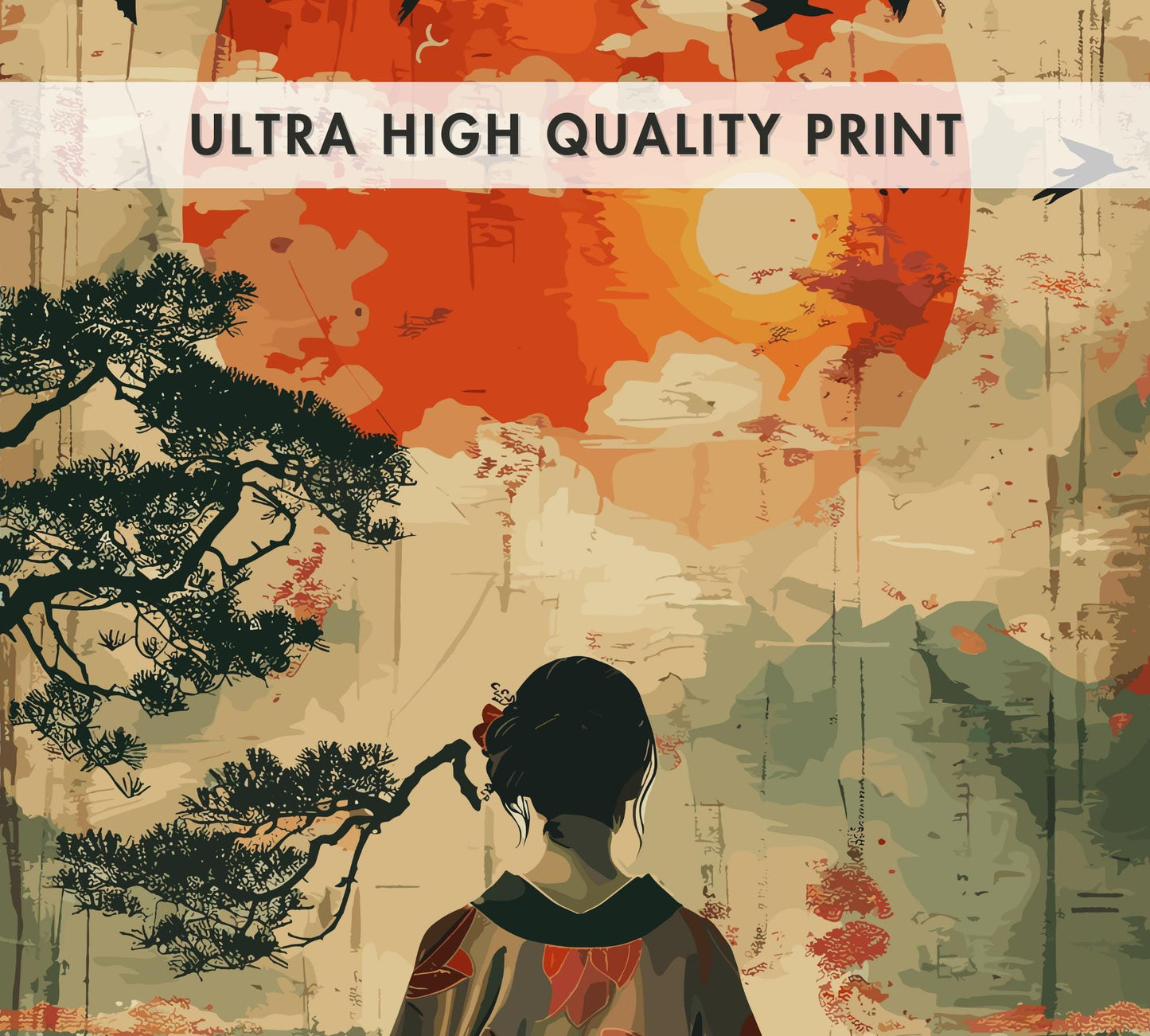 Japanese Woman Gazing at Mount Fuji Poster – Traditional Japan Wall Art, Elegant Geisha Print, Serene Landscape Artwork, Fuji Mountain Decor