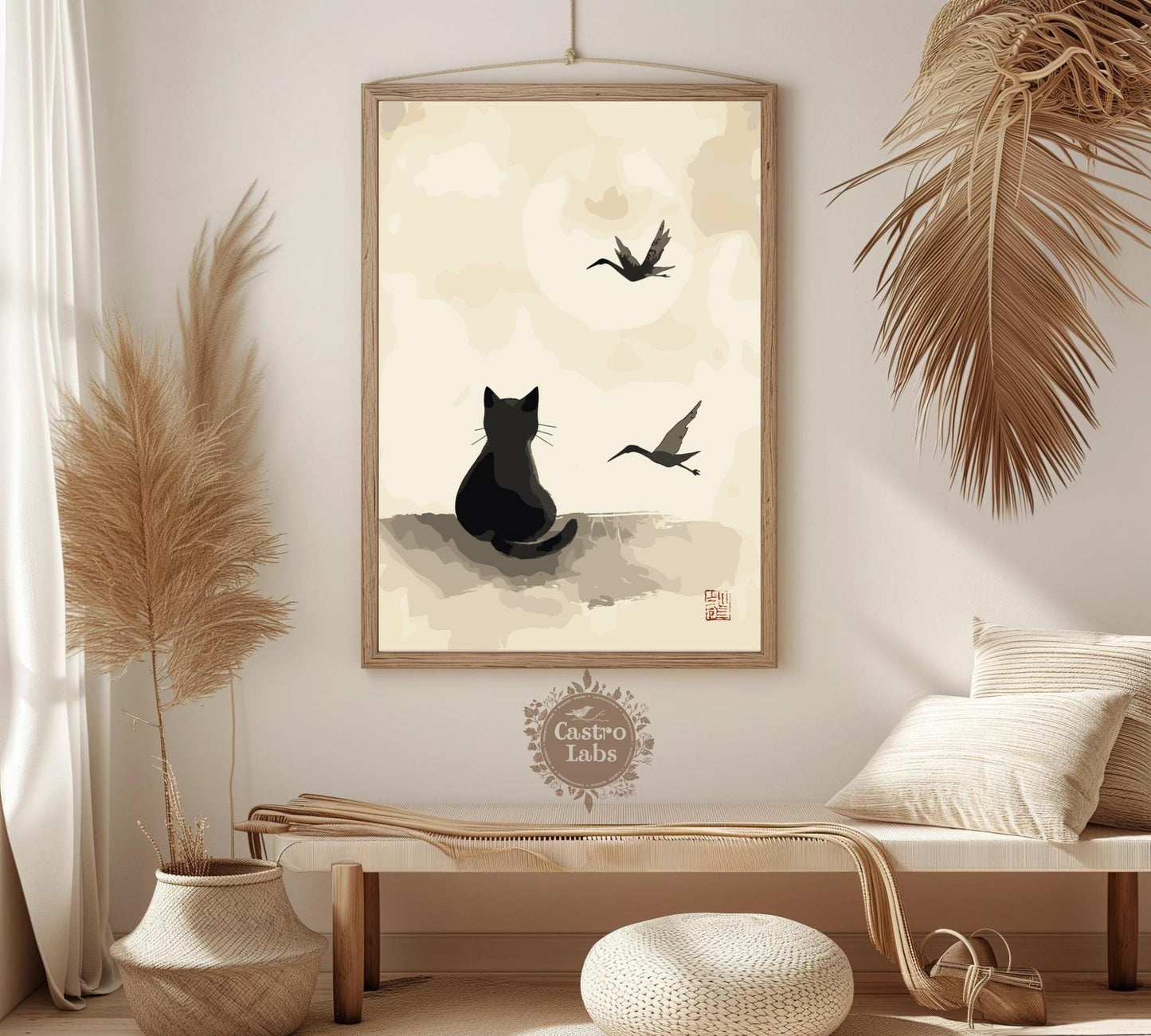 Japanese Ink Cat Poster – Traditional Style Feline Wall Art, Oriental Animal Print, Mythical Cat Illustration, Asian Decor for Cat Lovers