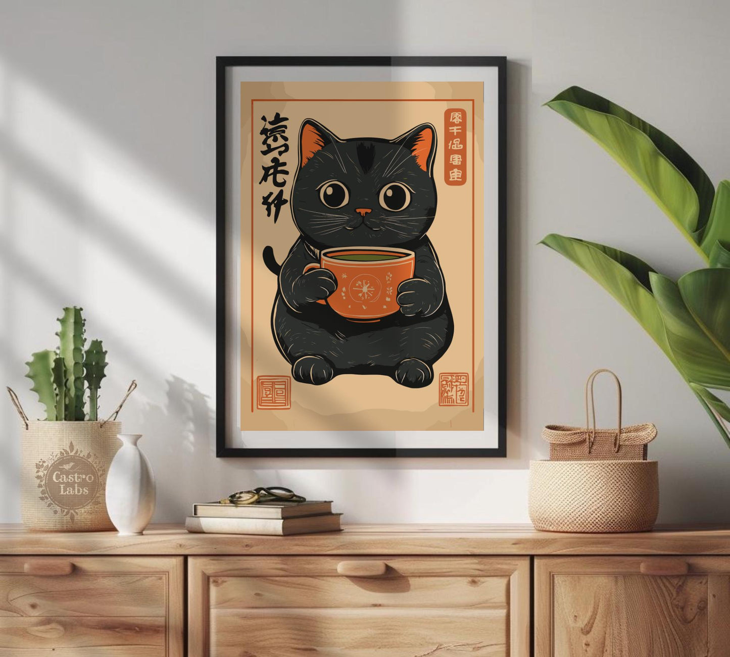 Cute Black Cat Drinking Matcha Poster – Cozy Japanese-Inspired Cat Art, Matcha Lover Print, Minimalist Cat Wall Decor, Kawaii Aesthetic