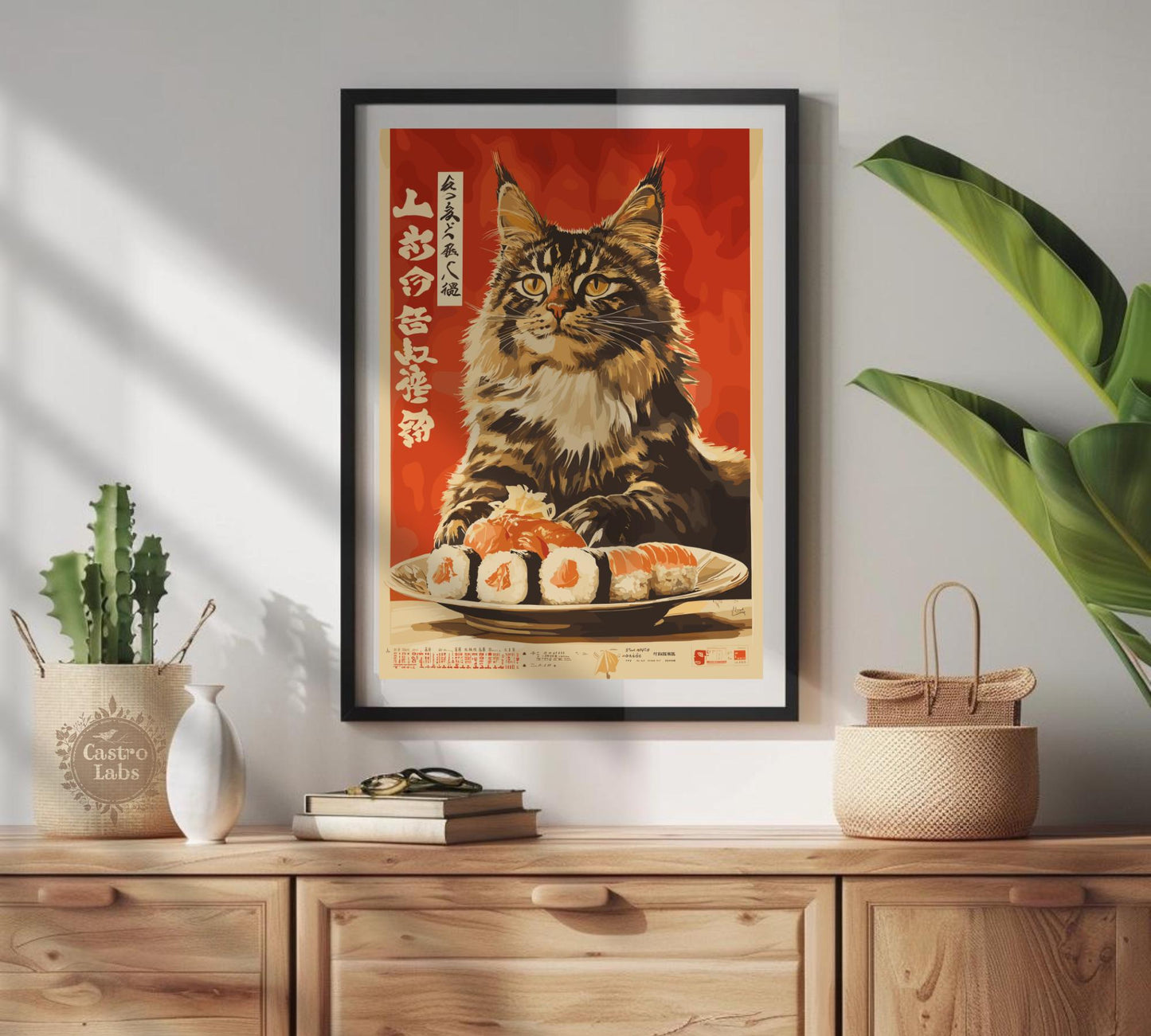 Hungry Cat Sushi Print, Japanese Style Cat Poster, Funny Wall Art for Kitchen or Cafe, Maine Coon Cat Food Art, Whimsical Cat Lover Gift