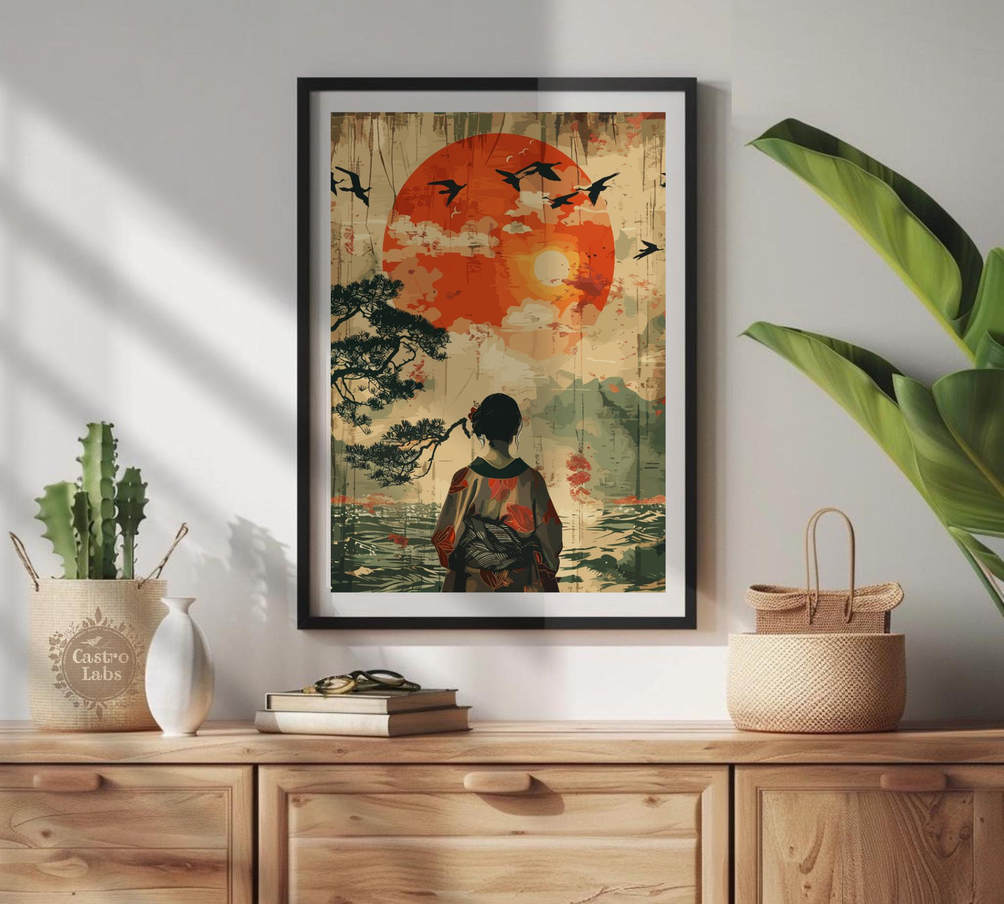 Japanese Woman Gazing at Mount Fuji Poster – Traditional Japan Wall Art, Elegant Geisha Print, Serene Landscape Artwork, Fuji Mountain Decor
