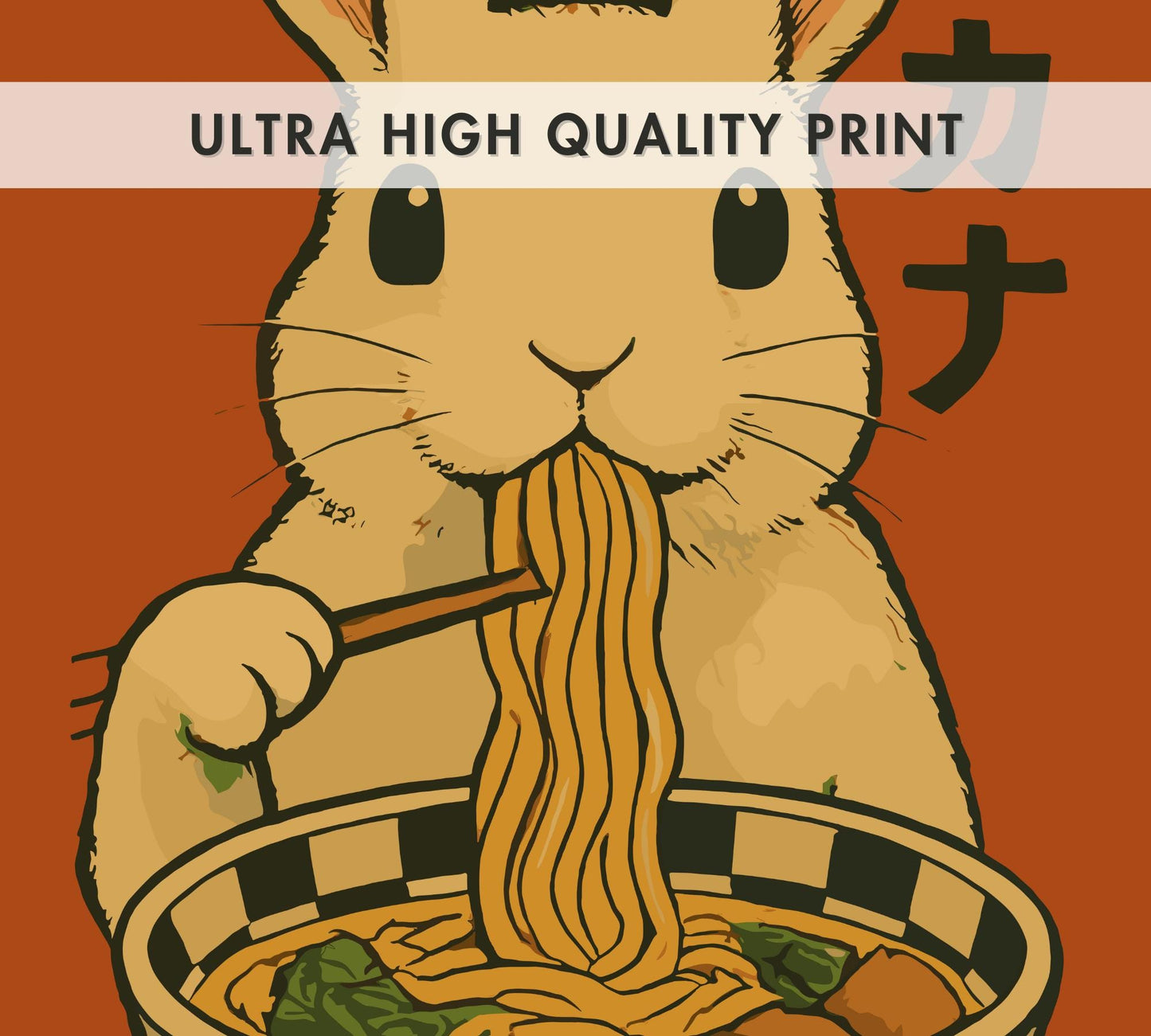 Rabbit Eating Ramen Poster – Cute Bunny Wall Art, Japanese Food Illustration, Kawaii Ramen Lover Print, Whimsical Animal Kitchen Decor